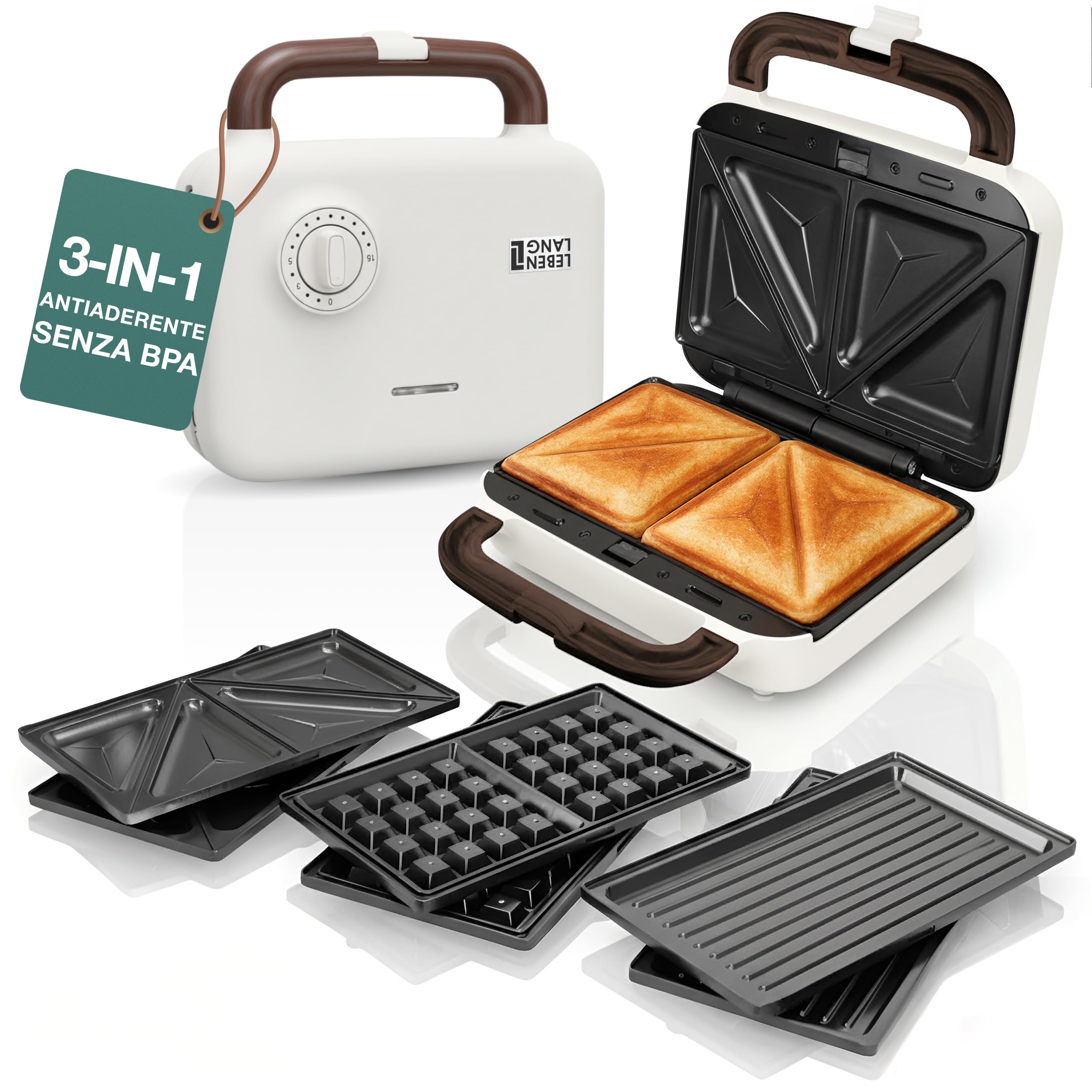 LEBENLANG Sandwich Maker 3 in 1-750 W Incl. 3 inserti per Grill, Sandwich & Waffle I Tostiera elettrica piastre 3 in 1 Piastra toast Toastiera Elettrica Waffle Maker Toaster Sandwich Griglia Toast