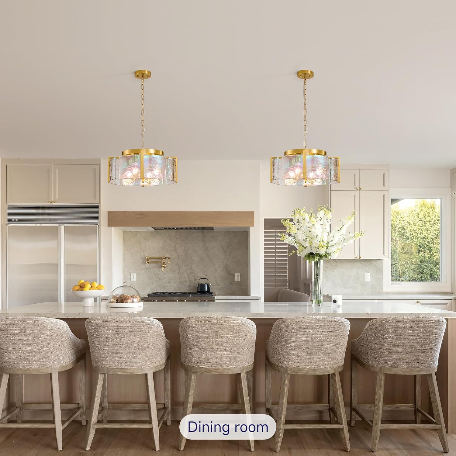 Modern Round Chandeliers for Dining Room: 4-Light Brushed Gold Drum Lights Entryway Light Fixture Hanging - kitchen Chandelier Over Table - Stained Glass Lamp for Bedroom Living Room Foyer Bathroom