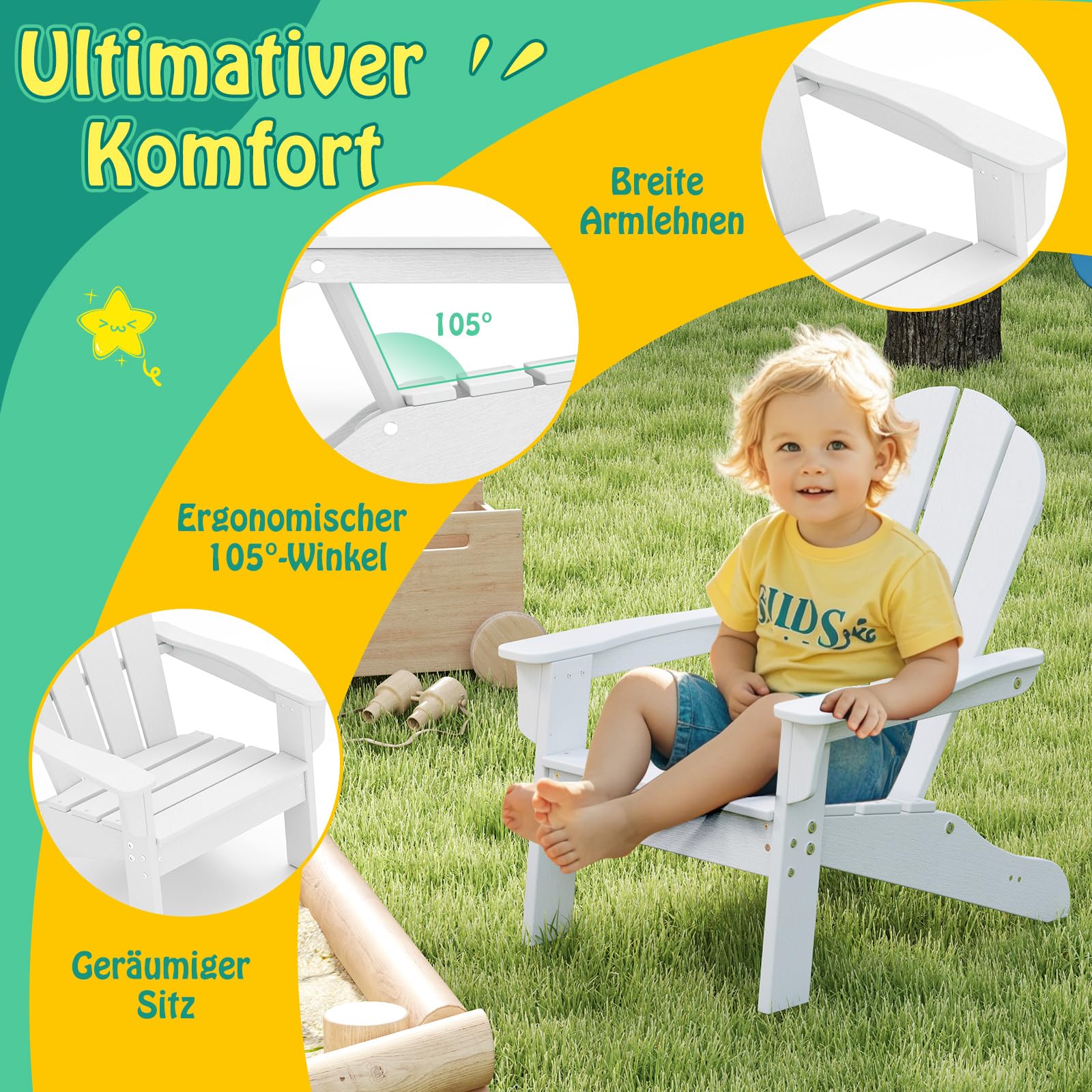 COSTWAY Adirondack krzesło dziecięce, odporne na warunki atmosferyczne, z HDPE, krzesło ogrodowe z ergonomicznym oparciem i podłokietnikami, krzesło do użytku na zewnątrz, dla chłopców i dziewcząt w