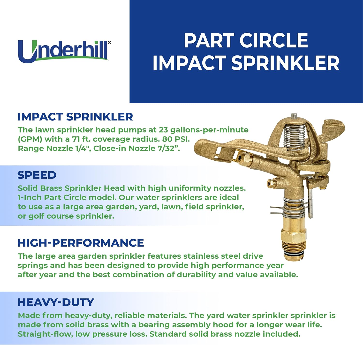 Underhill Rotating Brass Impact Sprinkler Head 360 Degree for Large Area, Lawn, Garden, Commercial Irrigation, 1-Inch Part Circle, 71-Foot, SI100P