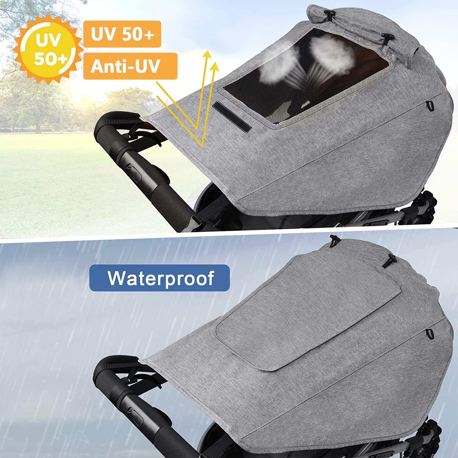 Parasole per Passeggino, Parasole per Passeggino Universale UV 50+, Regolabile Parasole Universale Passeggino, Telo Parasole per Carrozzina e Passeggino con Lucernario e Ali Laterali- Grigio