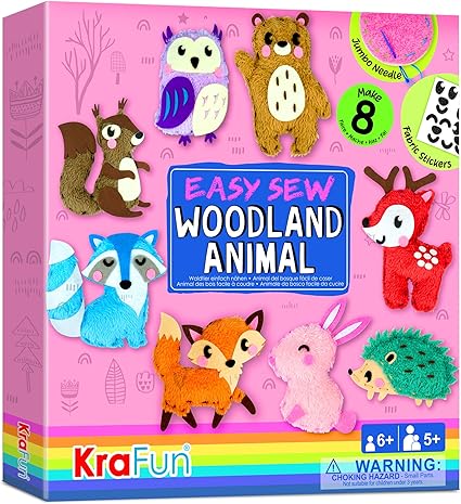KRAFUN Easy Sewing Kit for Beginner Kids Arts & Crafts, 8 DIY Projects of Stuffed Dolls of Woodland Animals, Bear, Bunny, Fox, Owl, Instructions & Felt, Gift for Girls, Boys, Learn to Sew