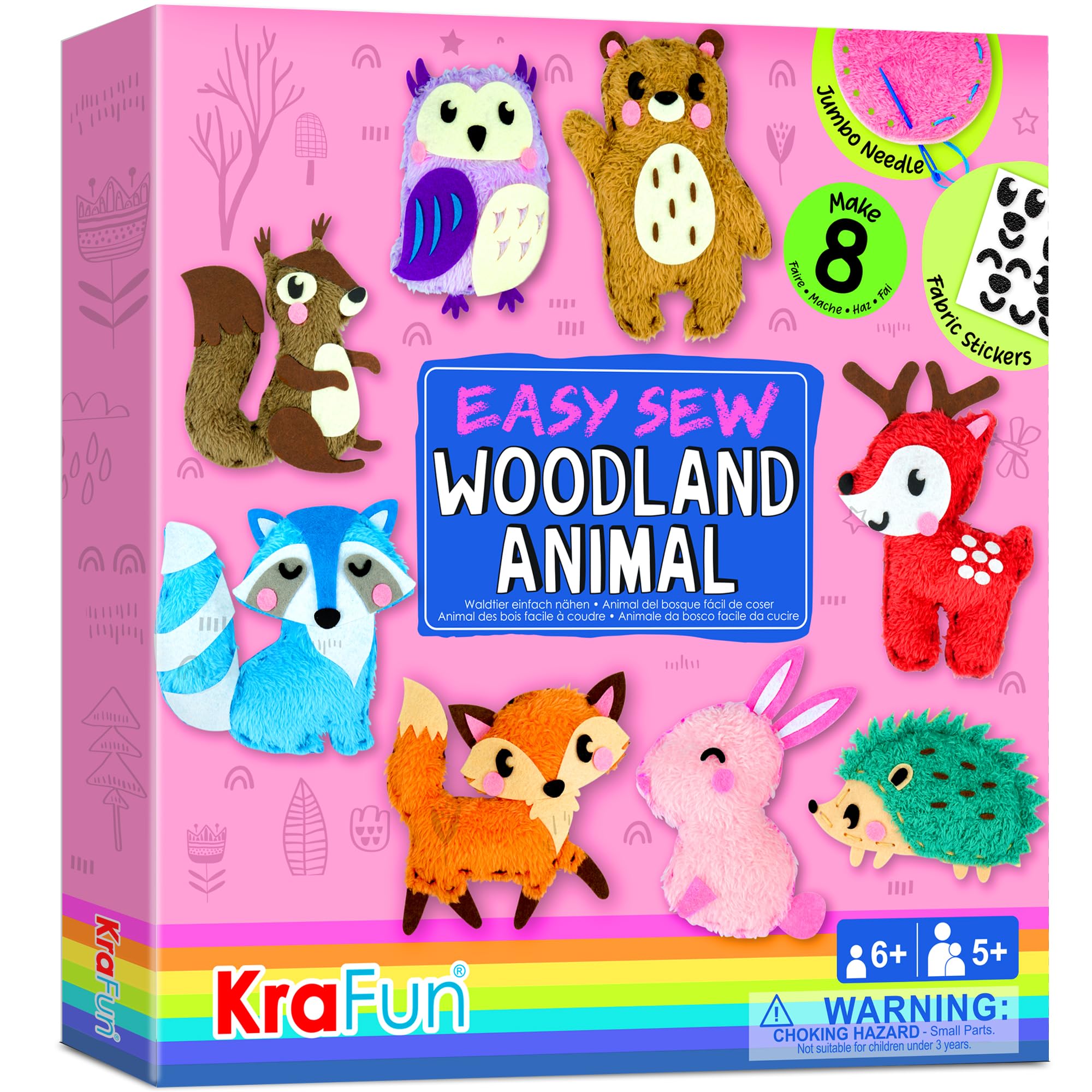 KRAFUN Easy Sewing Kit for Kids, Beginner Crafts with 8 DIY Stuffed Dolls (Bear, Bunny, Fox, Owl), Felt Materials, Instructions, Embroidery Supplies, Pre-Punched Fabric, Gift for Girls & Boys