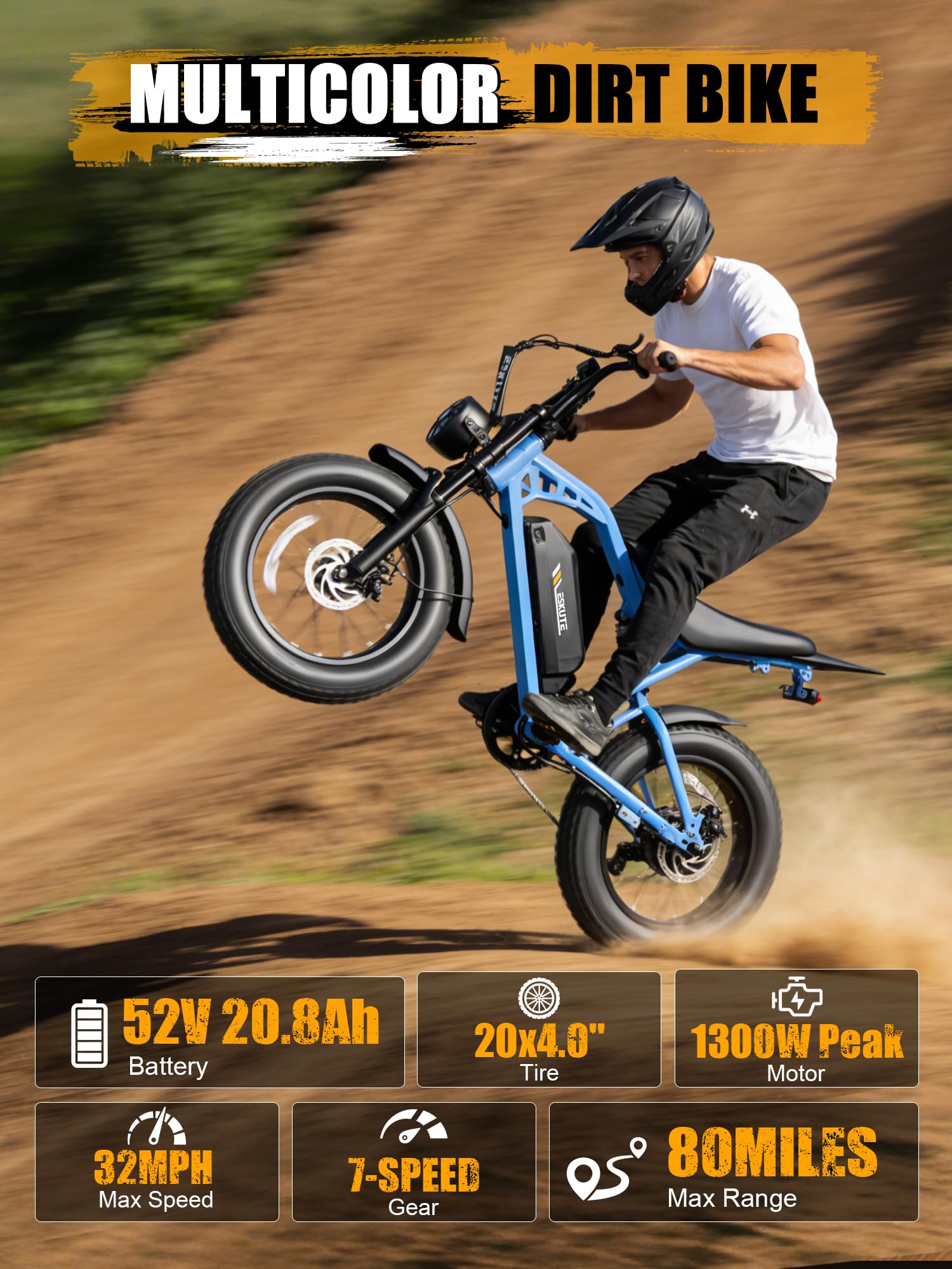 Elecby Electric Dirt Bike Adults, 1300W Peak 52V20.8Ah ebike, 20+MPH 20" x4.0 Fat Tire, Streamlined E-Motorcycle with 7 Speeds for Youths, V200，Blue with Rear Rack + Footrests