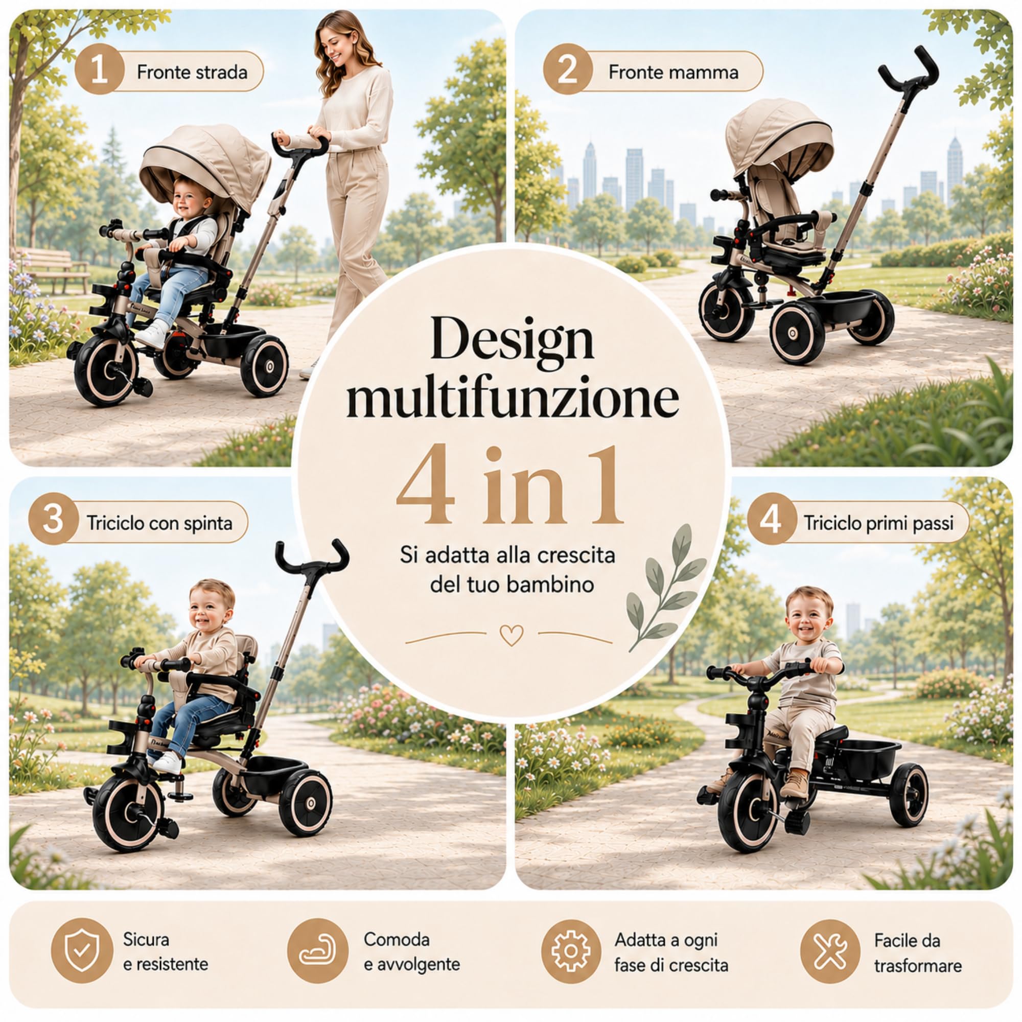MonTrike Triciclo Explorer Gioco Evolutivo da 12 mesi a 5 anni Reclinabile 4 in 1 fino a 25 kg Sedile Girevole con Accessori e Ruote in Gomma Eva (Cappuccino)
