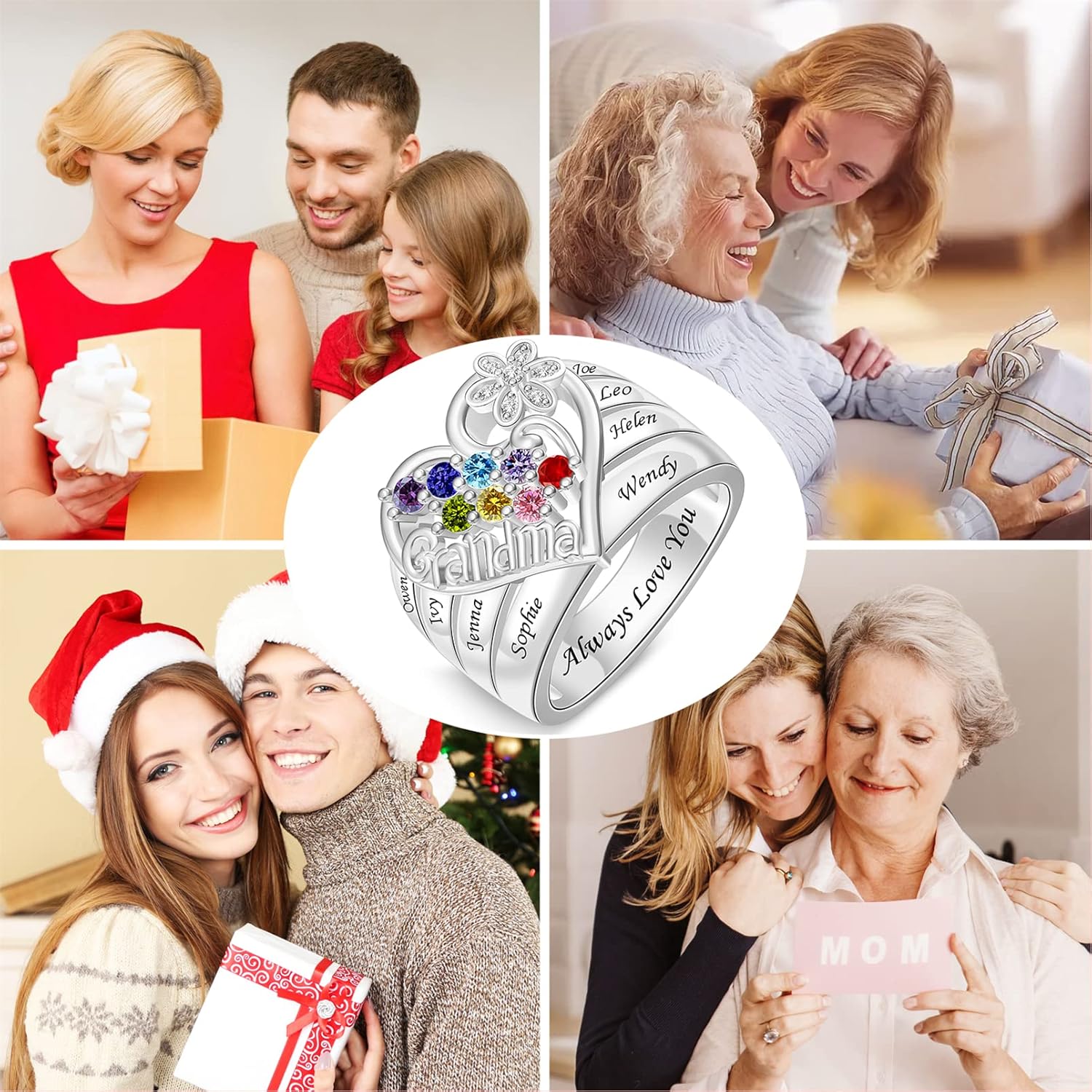 BABOOM Personalized Grandma Ring with 1-8 Birthstones & Names Custom Mother Ring Engraved Birthstone Rings for Women Mom Grandmother