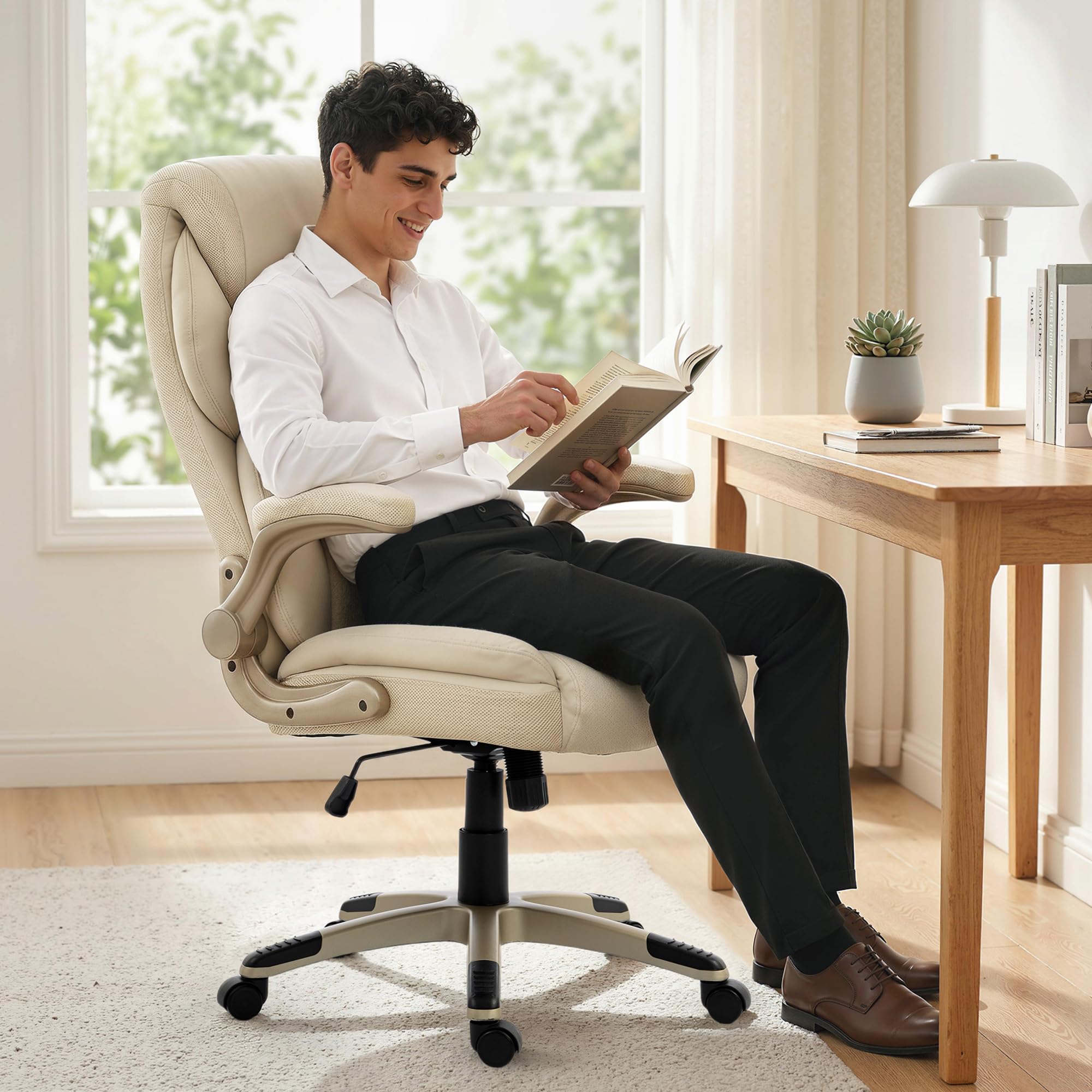 HOMCOM Silla de Oficina con Masaje Vibratorio de 4 Puntos Giratoria Crema | Silla de Escritorio, Calor Lumbar, de PU, Brazos Abatibles, Respaldo Alto, Altura Ajustable, Función de Basculante