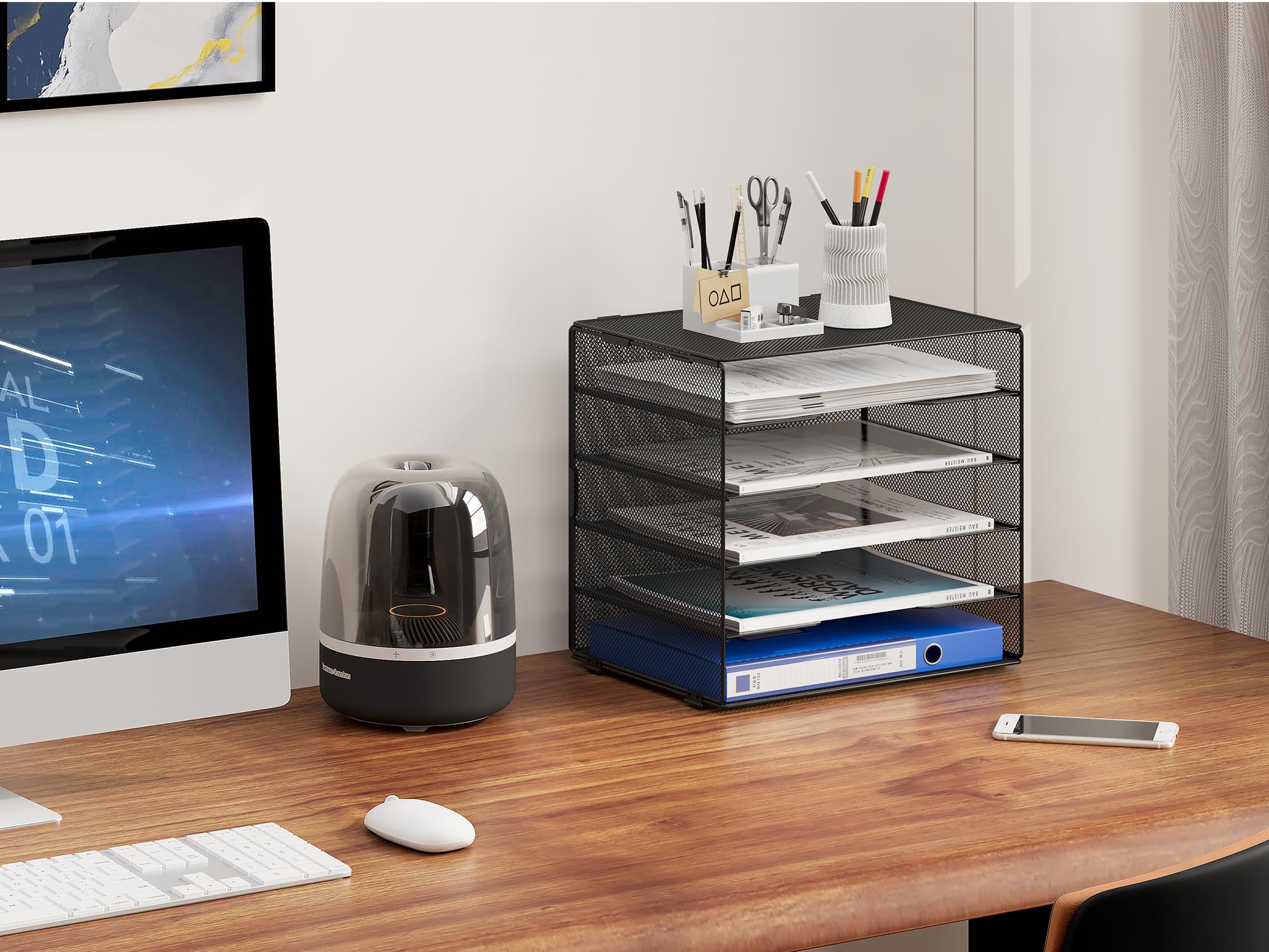 EasyPAG 5 Niveles Metal Malla A4 Bandeja Archivador Organizador Oficina Soporte Documentos Clasificador Papeles Almacenamiento Escritorio Estante Folios,Negro