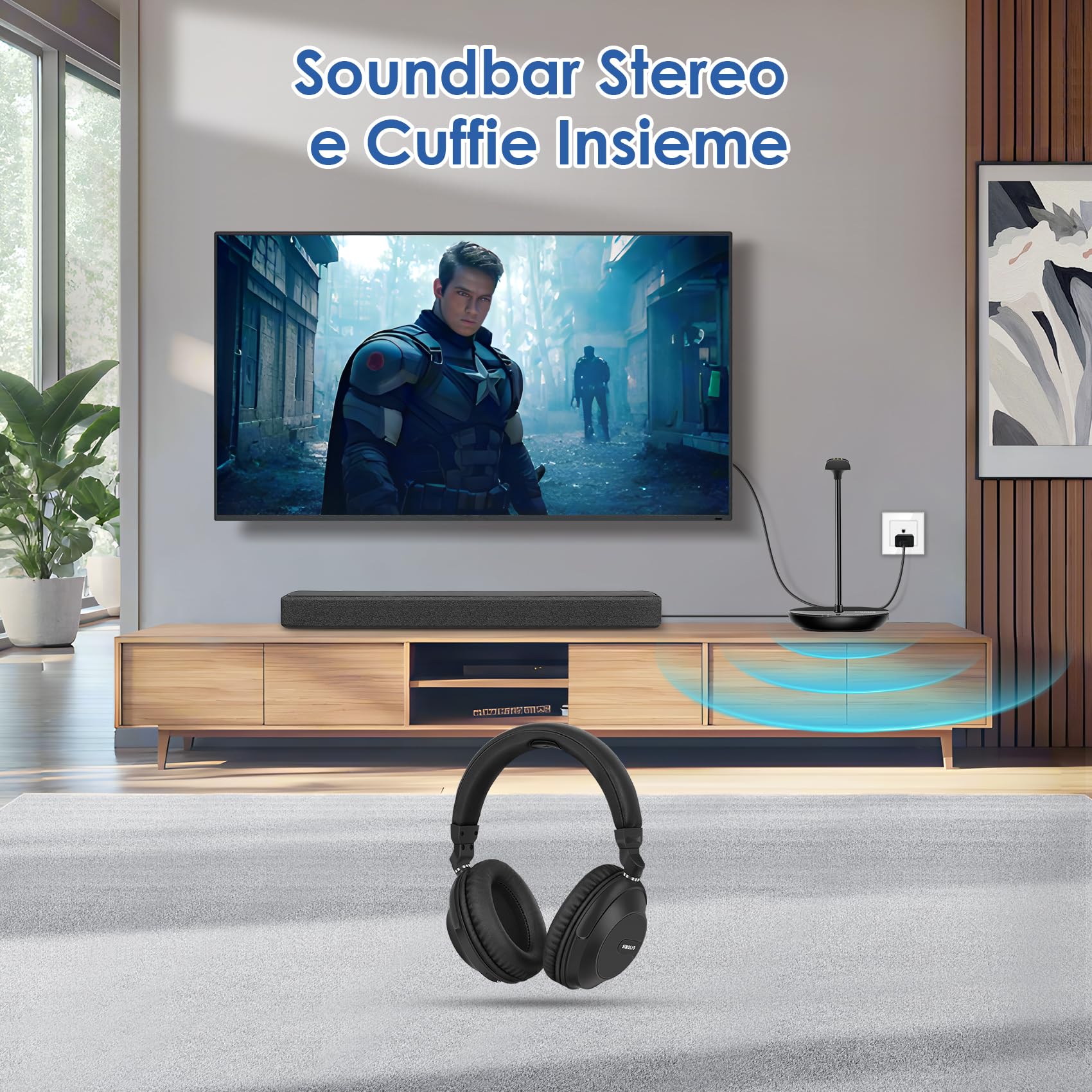SIMOLIO Cuffie Wireless per TV, Cuffie per TV Senza Fili con Cinema e Dialog Modalità per Anziani, Bluetooth O Con Uscita Ottica Digitale/RCA/3.5mm, Nessuna latenza, 737D