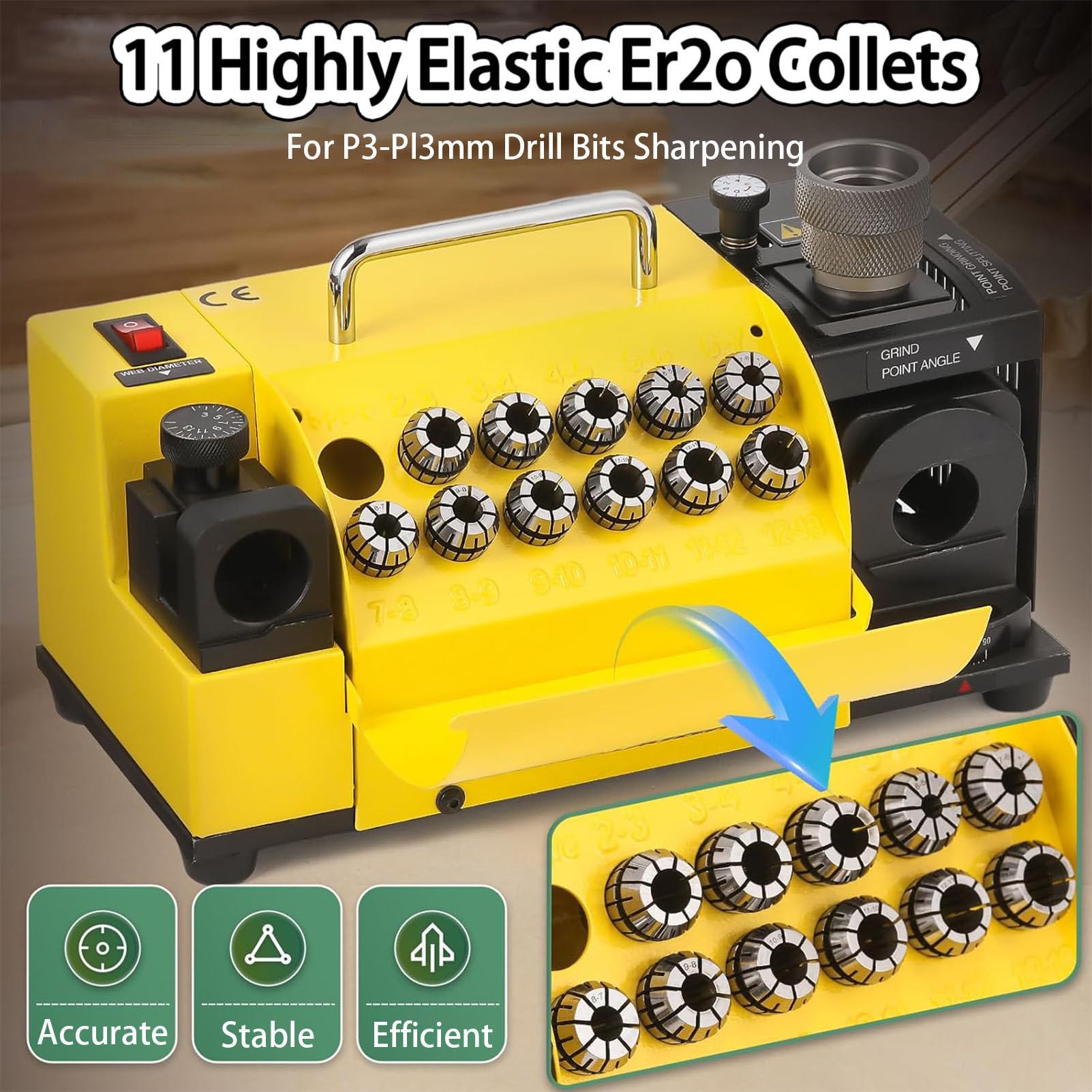Afilador de brocas, sacapuntas portátil de 3 a 13 mm con 11 pinzas, ángulo de punta de 90°-140°, reafilador de brocas eléctrico, herramienta de molienda eficaz