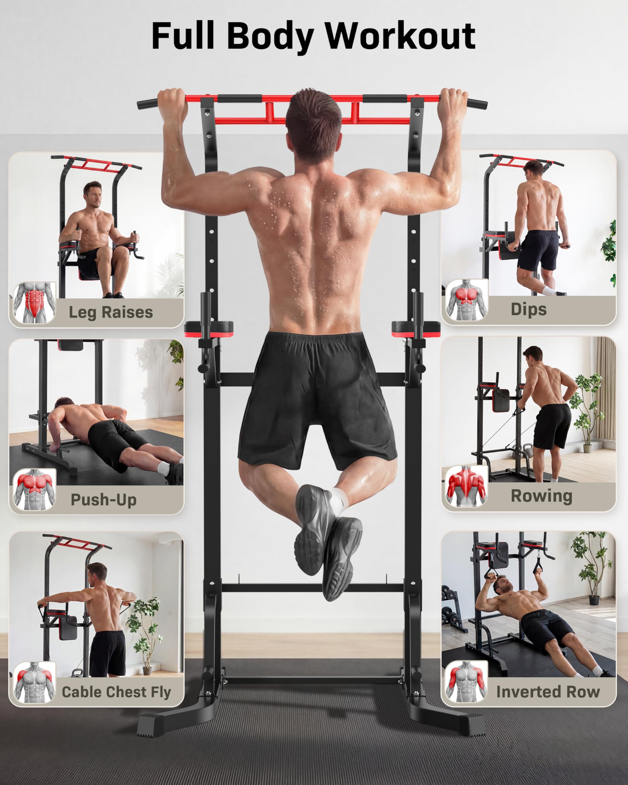 Power Tower, stazione per trazioni, supporto multifunzione per dip e trazioni, altezza regolabile, stazione per trazioni e esercizi di allenamento per palestra domestica, capacità 230 kg
