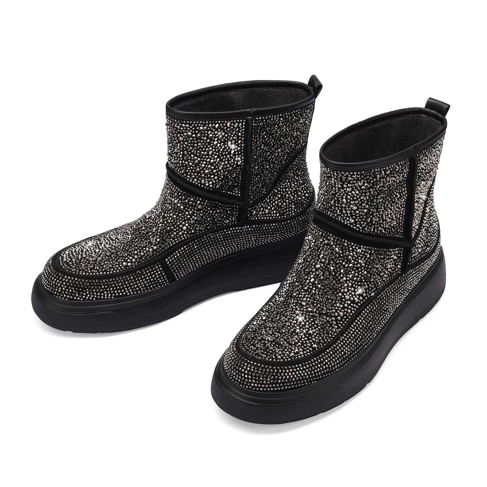 TDD Snow Boots for Women Winter Rhinestone Crystal Sparkly Ankle Black Wide Calf Warm Thermal Short Mini Booties