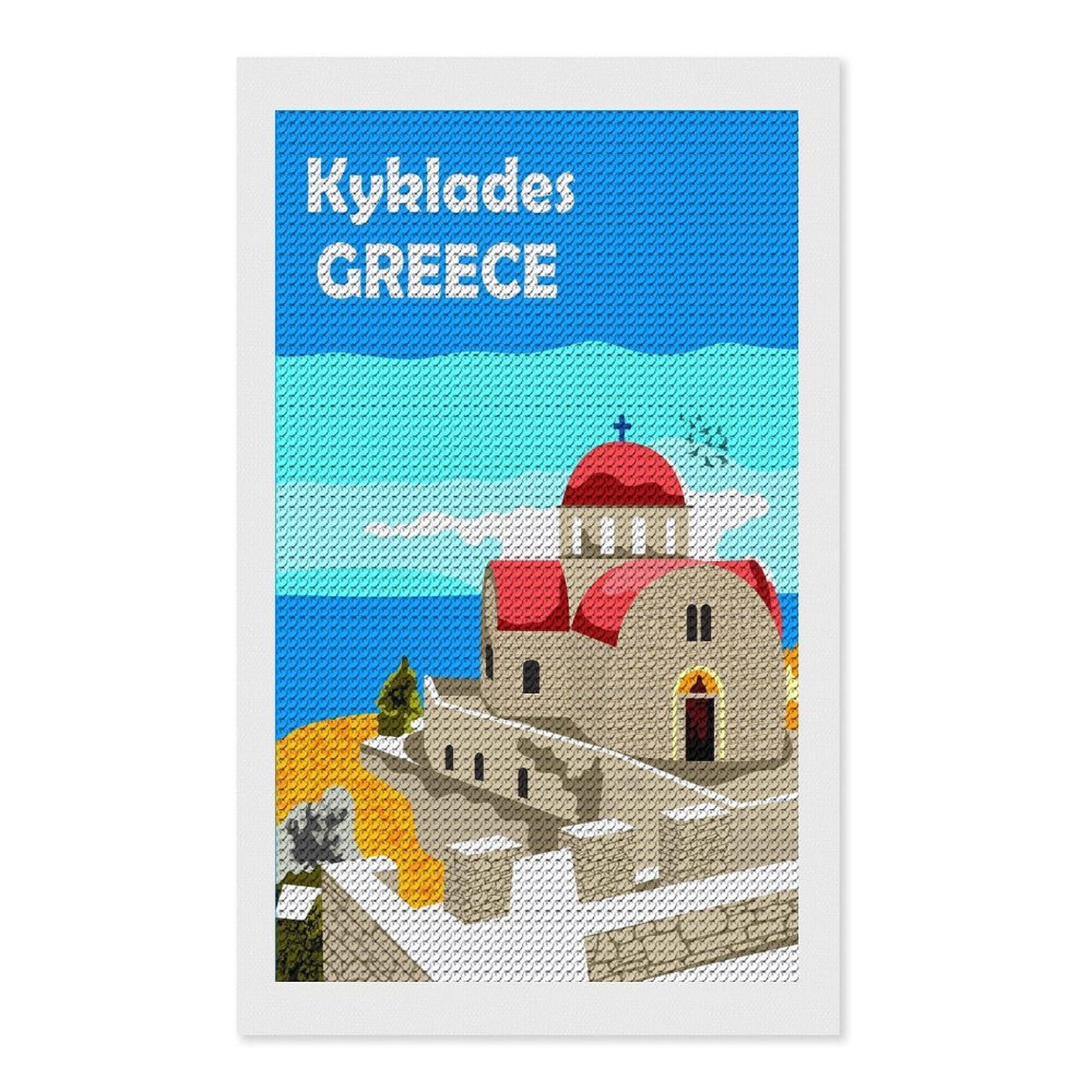 Junmoney Kyklades Greece Diamond Art Canvas 12"x20", Full Kit Included, Bedroom Decor, for Beginners, Thoughtful Handmade Gift