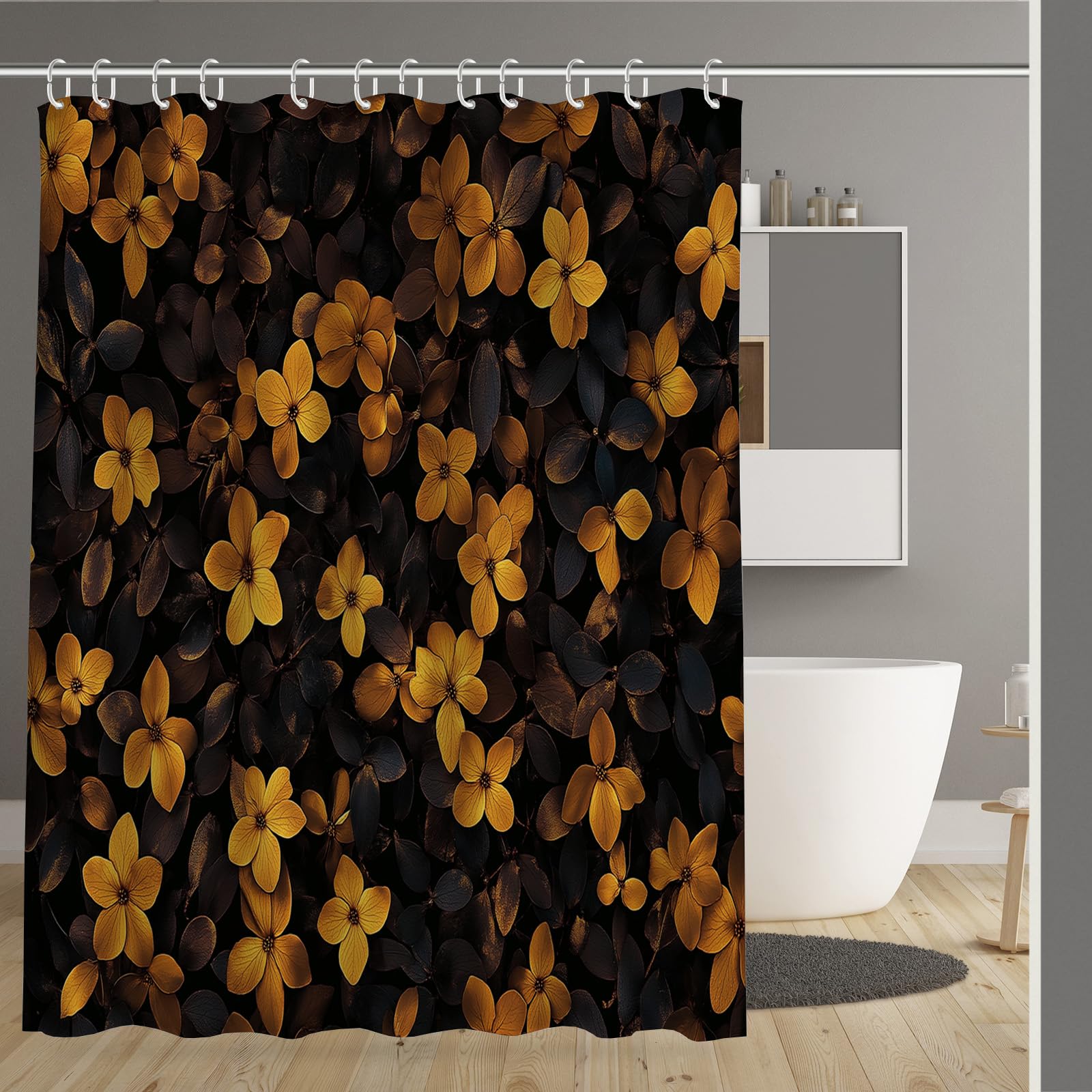 Rideau de douche petite fleur jaune 180x180 cm en polyester avec 12 crochets