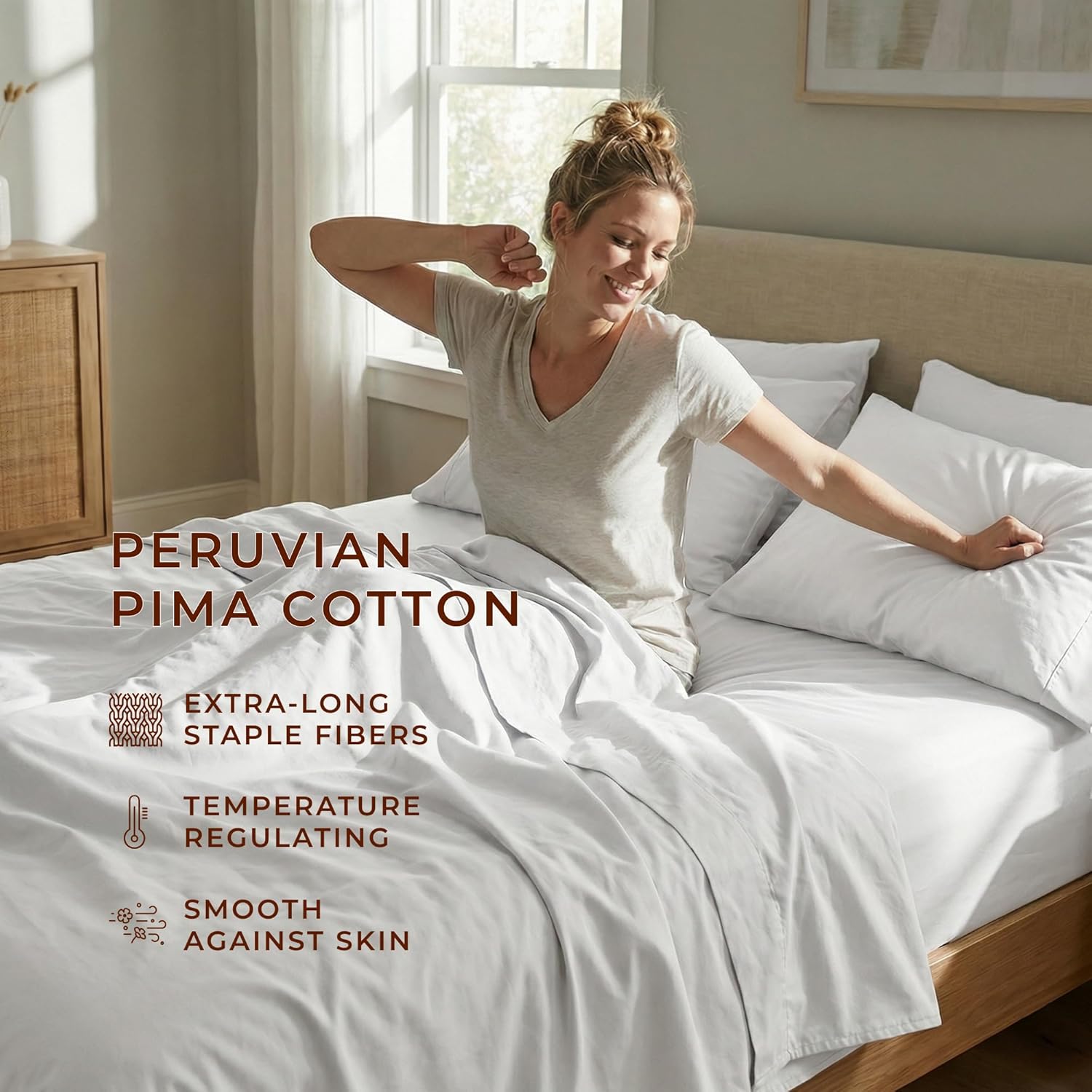 Peru Pima 600 Thread Count Thermoregulating Sateen Twin Sheet Set - 100% Peruvian Pima Cotton, 3 Piece (Flat, Fitted, 1 Pillowcase) - Cooling, Crisp, Deep Pocket, Hotel Quality Bedding - White