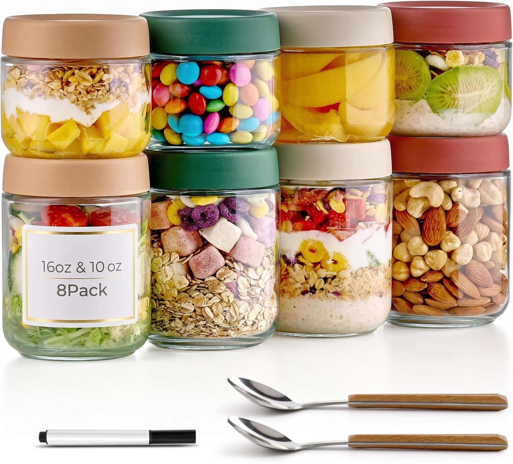Qipecedmยฎ 8 Pack Overnight Oats Containers with Lids, Large & Small Glass Mason Jars 16oz & 10 oz, Breakfast Oatmeal Container to Go, Salad Meal Prep Jars for Food Storage, Mush Chia Seed Pudding Jars