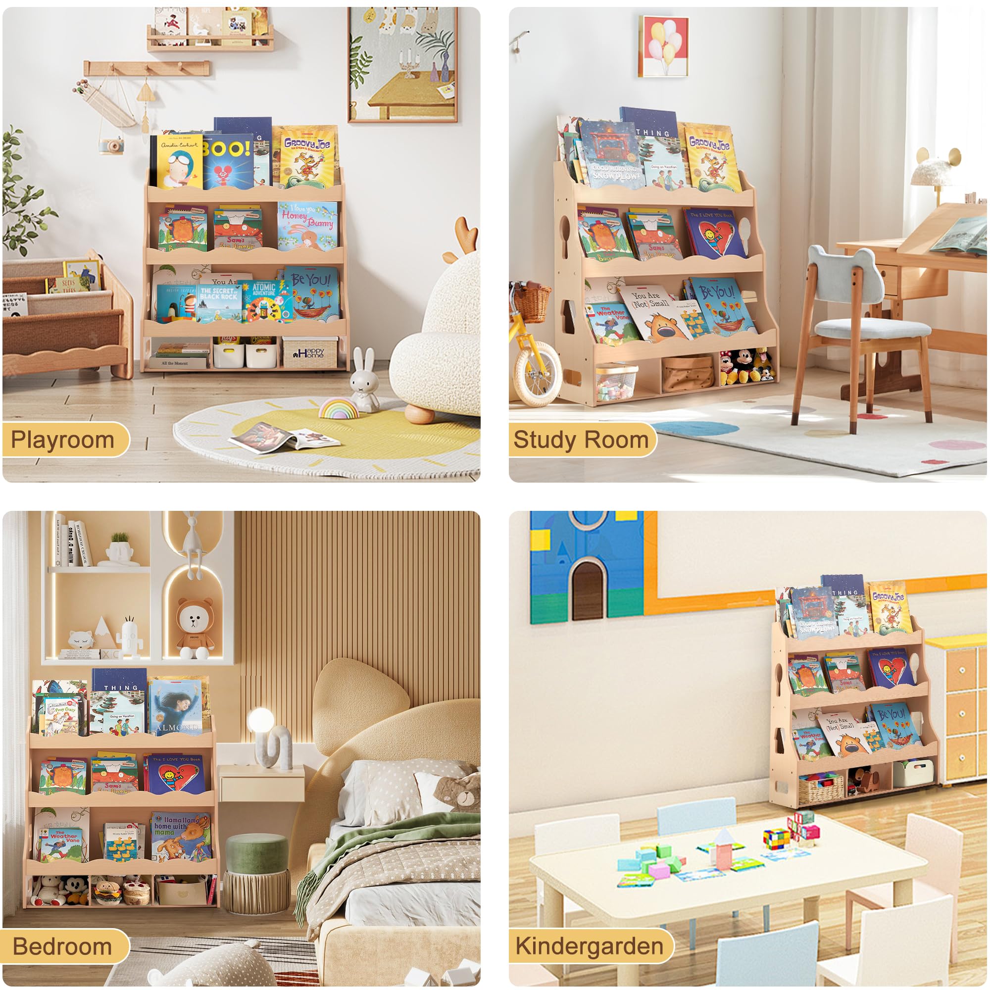 Estantería de madera para niños, estantería para habitaciones infantiles con bordes festoneados, estantería duradera para niños con 3 cubos para libros y juguetes, estantería Montessori para 4