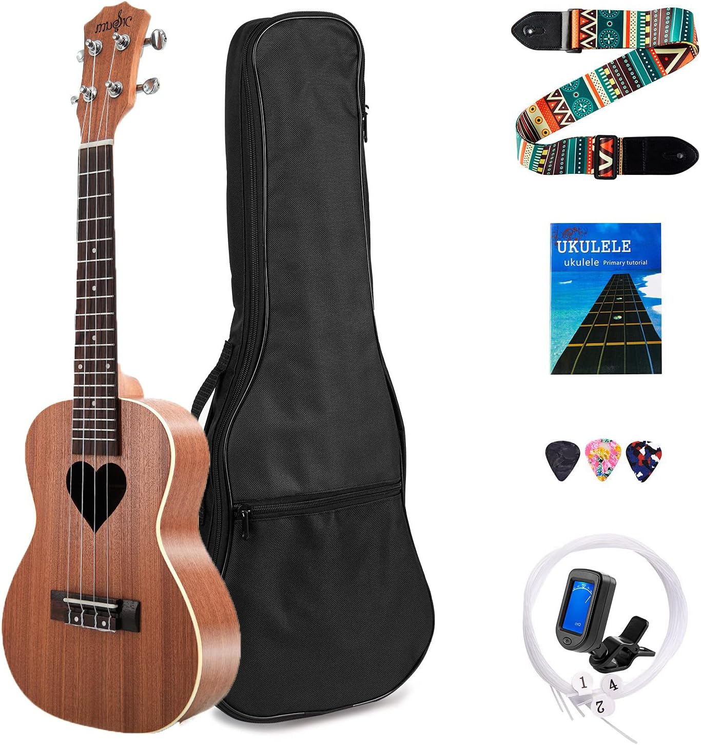 HEYRUIDY Ukelele 23 inch Concert Ukulele, Sapele Rosewood Professional Acoustic Ukulele Hawaiian Uke Set with Gig Bag, Tuner, Strap, Pick and Extra Strings