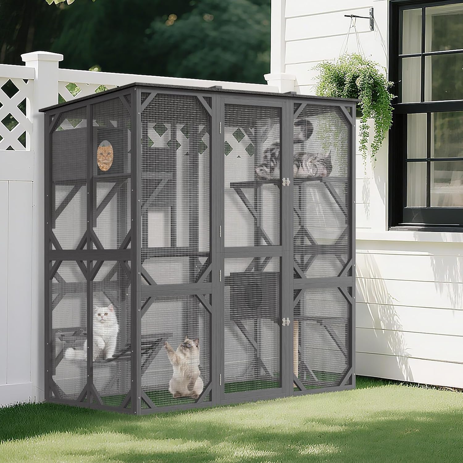 Large Catio with Window Access, 70 Inch Outdoor Walk-in Cat Enclosure with Asphalt Roof, Scratch Post and Bridge, Catios for Cats Outdoor Patio Dark Grey