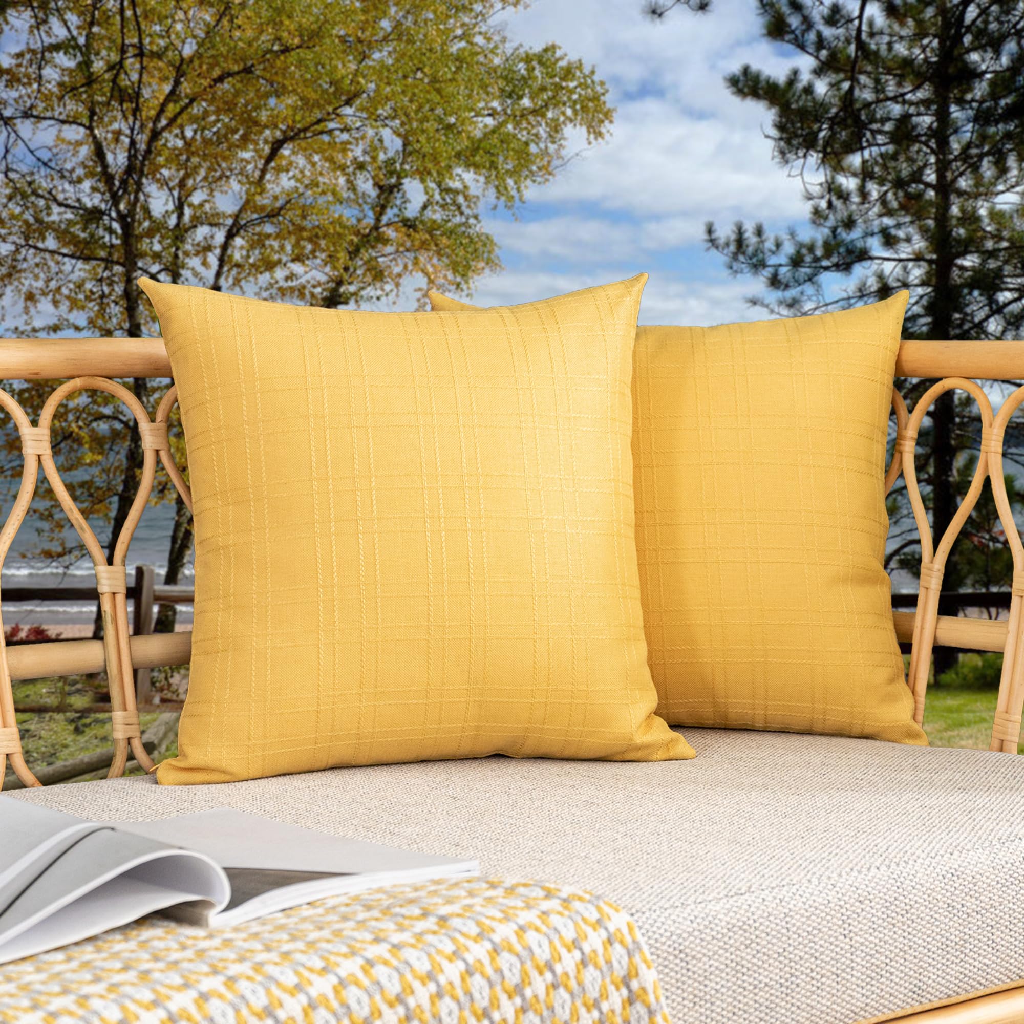 Kevin Textile Outdoor Waterproof Cushion Covers 45x45 cm Set of 2 Checkered Texture Faux Linen Water Resistant Seat Cushions Cover 18x18 Inch for Garden Patio Couch Sofa Chair Seats, Yellow