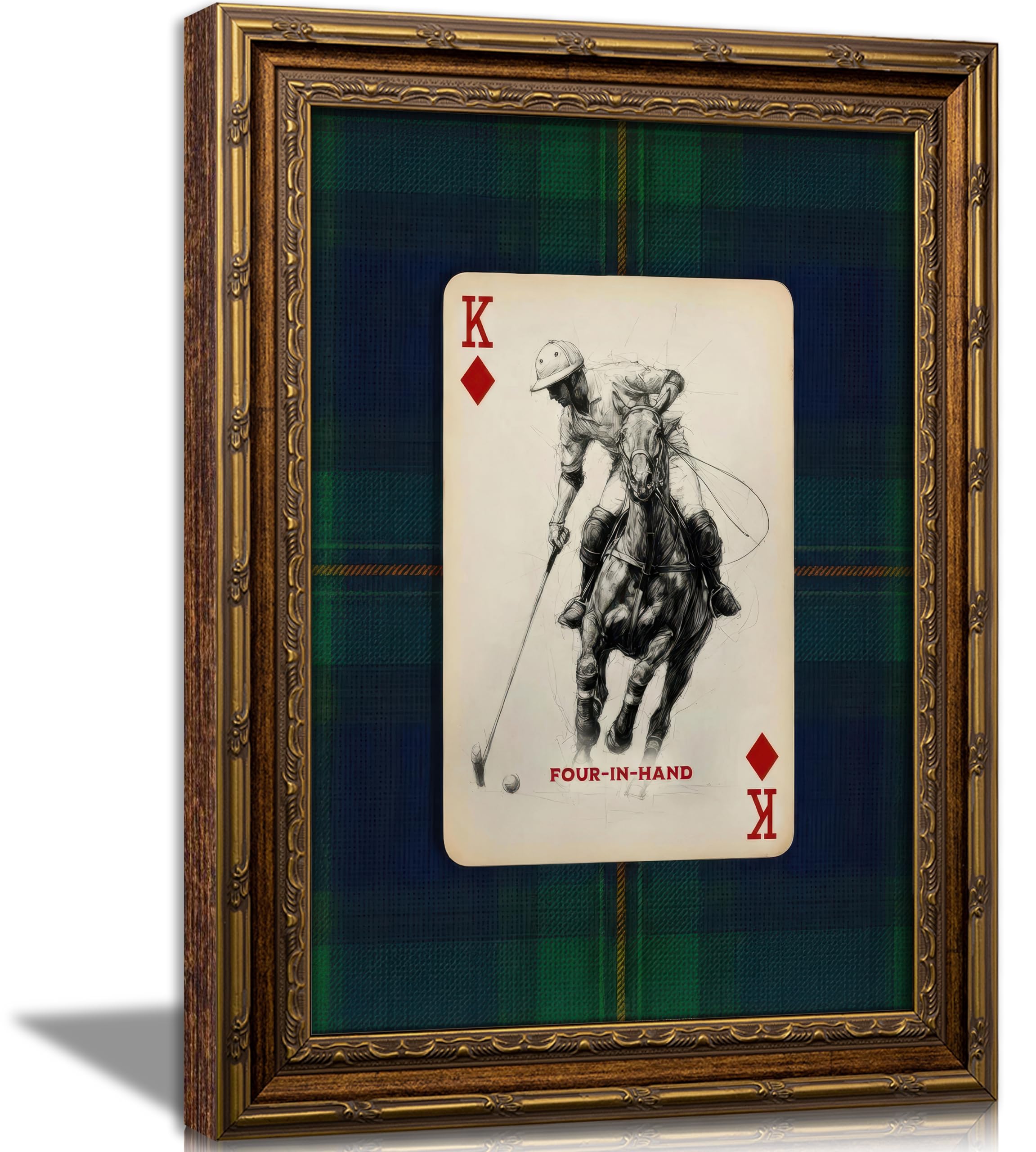 Vintage Gold Framed Polo Playing Card Wall Art, Retro Plaid Equestrian Canvas Prints, Trendy Polo Four In Hand Sport Poker Wall Decor, Classic Horse Sport Poster Artwork for Office Man Cave, 9x11in