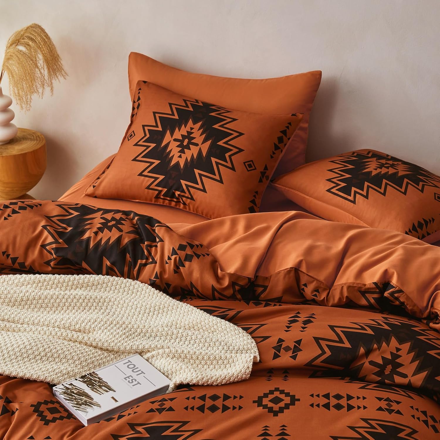 Wake In Cloud - Western Comforter Set, Boho Southwestern Rustic Farmhouse Style with Aztec Geometric Block Pattern, Soft Lightweight Bedding, 3 Pieces, Burnt Orange, Queen Size - Image 6