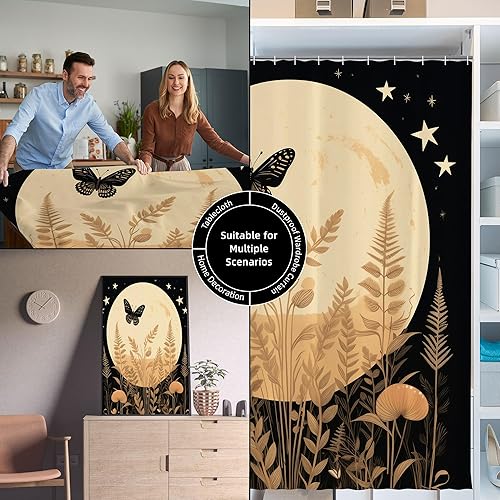 Miniatura 7 de Cortina de ducha retro con diseño de mariposa y luna para baño, 72 pulgadas de ancho x 72 pulgadas de alto, flores, plantas, hierbas, decoración de