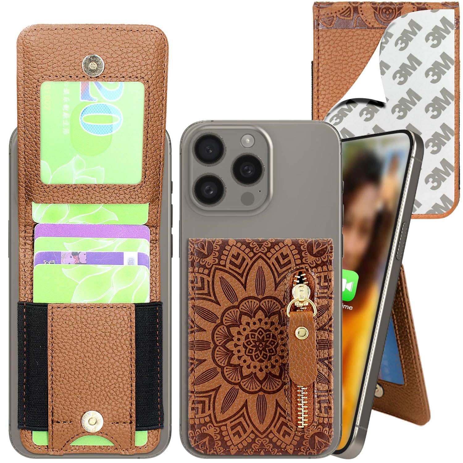 Harryshell Stick on Adhesive Phone Wallet with Card Slots [Hold Up to 6 Cards] [Kickstand] Cash Coin Zipper Pocket for iPhone/Samsung/Google Most