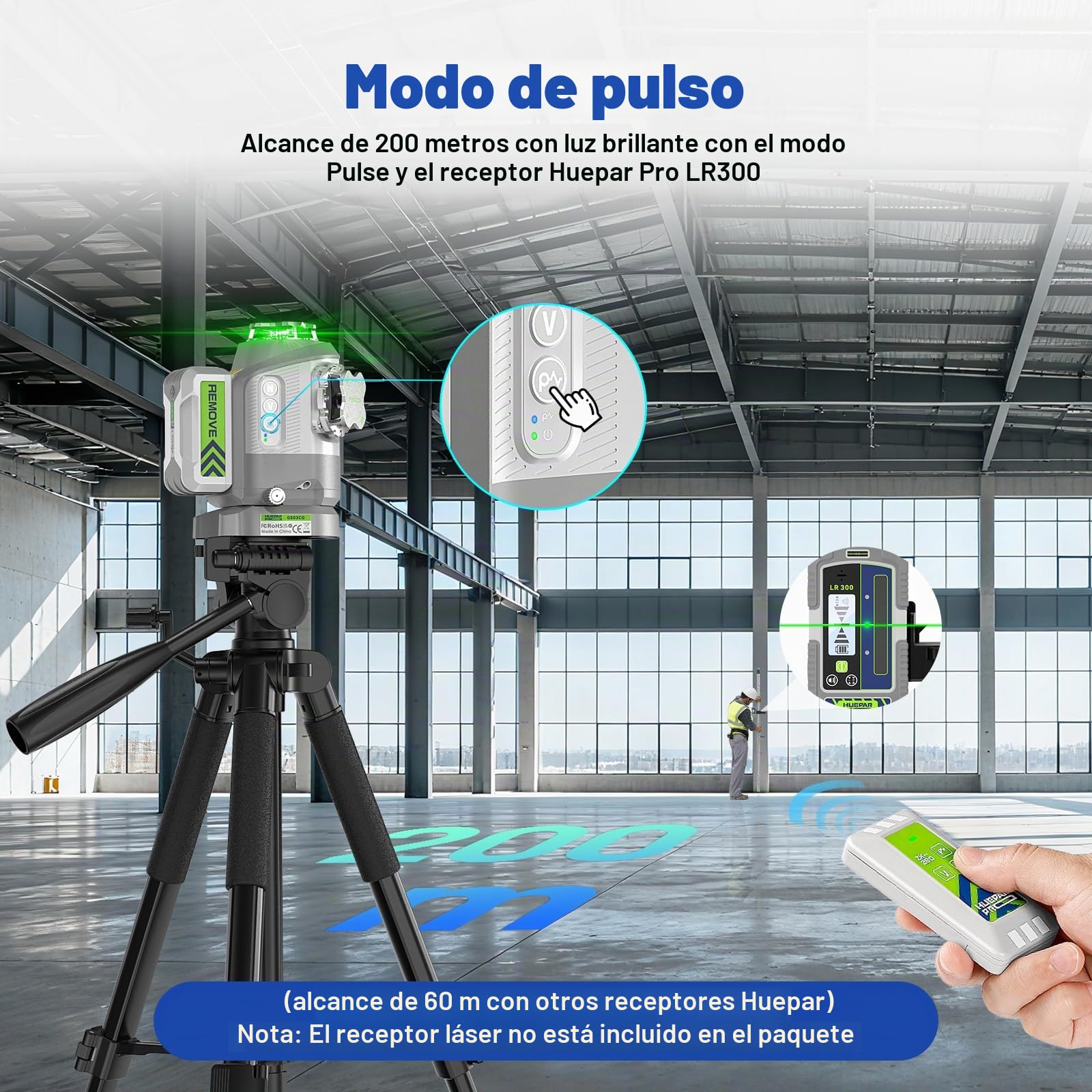 Huepar Pro Láser Nivelador con Base Giratoria Ajustable en Pivot, Nivel Láser Verde Autonivelante 360°, Recargable, Control Remoto, Alta Precisión ±2 mm, Modo Pulso, Uso Profesional