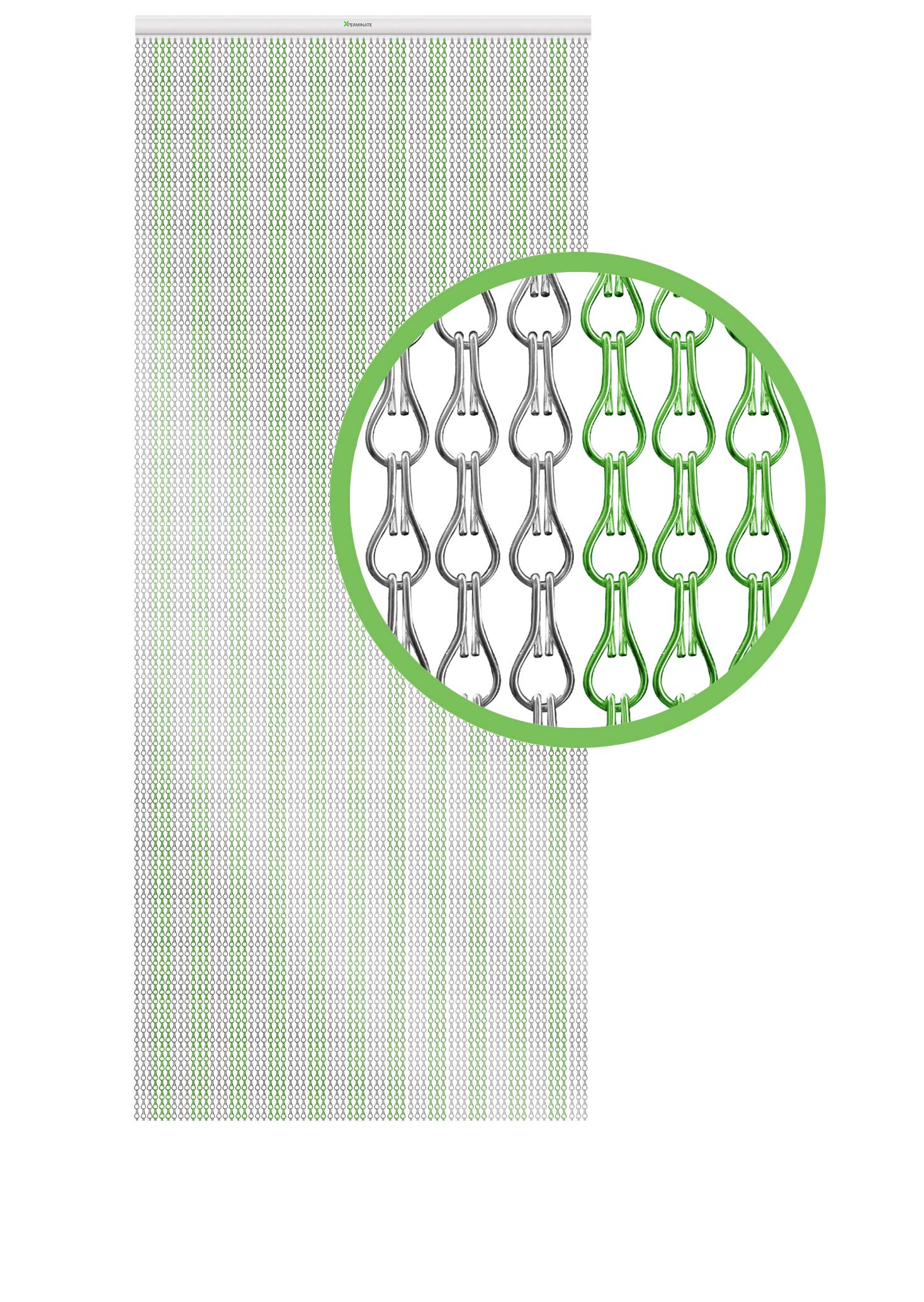 Xterminate Fly Blind Screen Chain Curtain for Doors | Premium Heavy Duty Metal Aluminium Fly Chains c/w 2 Spare Chains and Hanging Fixtures For Doorways, Patio Doors, Conservatories (Green and Silver)