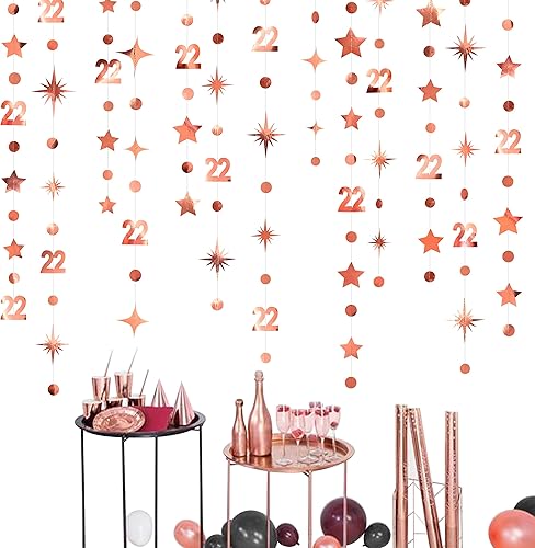 Miniatura 3 de Decoraciones de cumpleaños número 22 de oro rosa con lunares circulares número 22 guirnalda de estrellas banderines de banderines para mujer