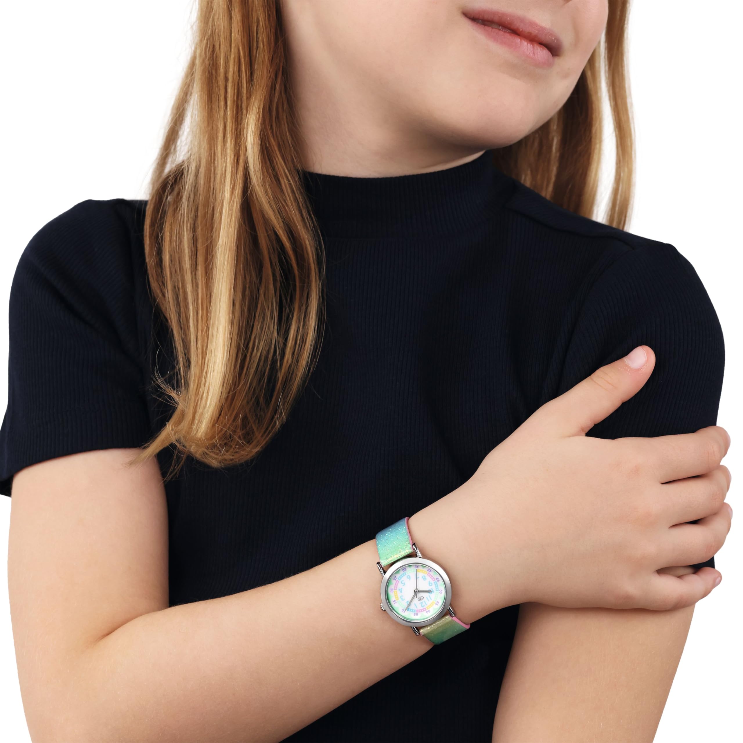 TOM TAILOR - Mädchen Quarz Armbanduhr - Alloy Gehäuse in Silber - mehrfarbiges Kunstleder Armband - Wasserdicht 3 Bar - Blumen Design