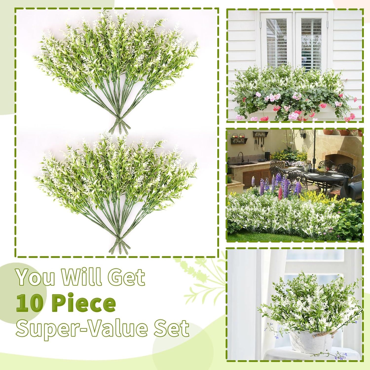 10 pcs Artificial Flowers Artificial Greenery Lavender Fake Flowers UV Resistant Shrubs Artificial Plants for Indoor Outside Garden Home Wedding Farmhouse (White) - Image 2