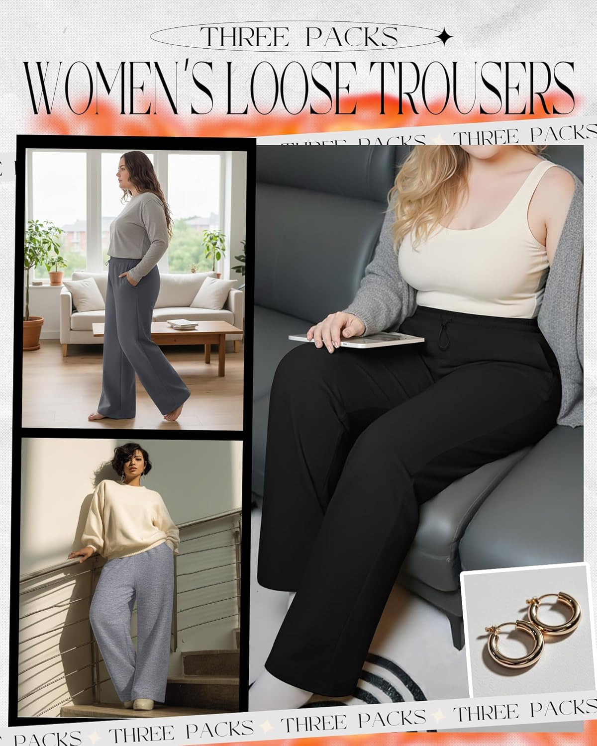 3 Pack Women's Plus Size Fleece Lined Sweatpants Wide Leg Joggers Shock Cord High Waisted Thermal Pants with Pocket - Image 2