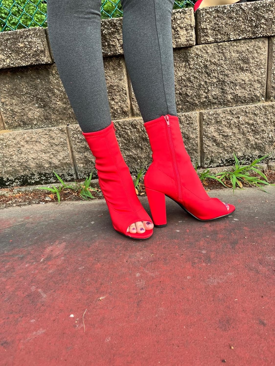 Women Elastic Peep Toe Block Heel Ankle Height Bootie