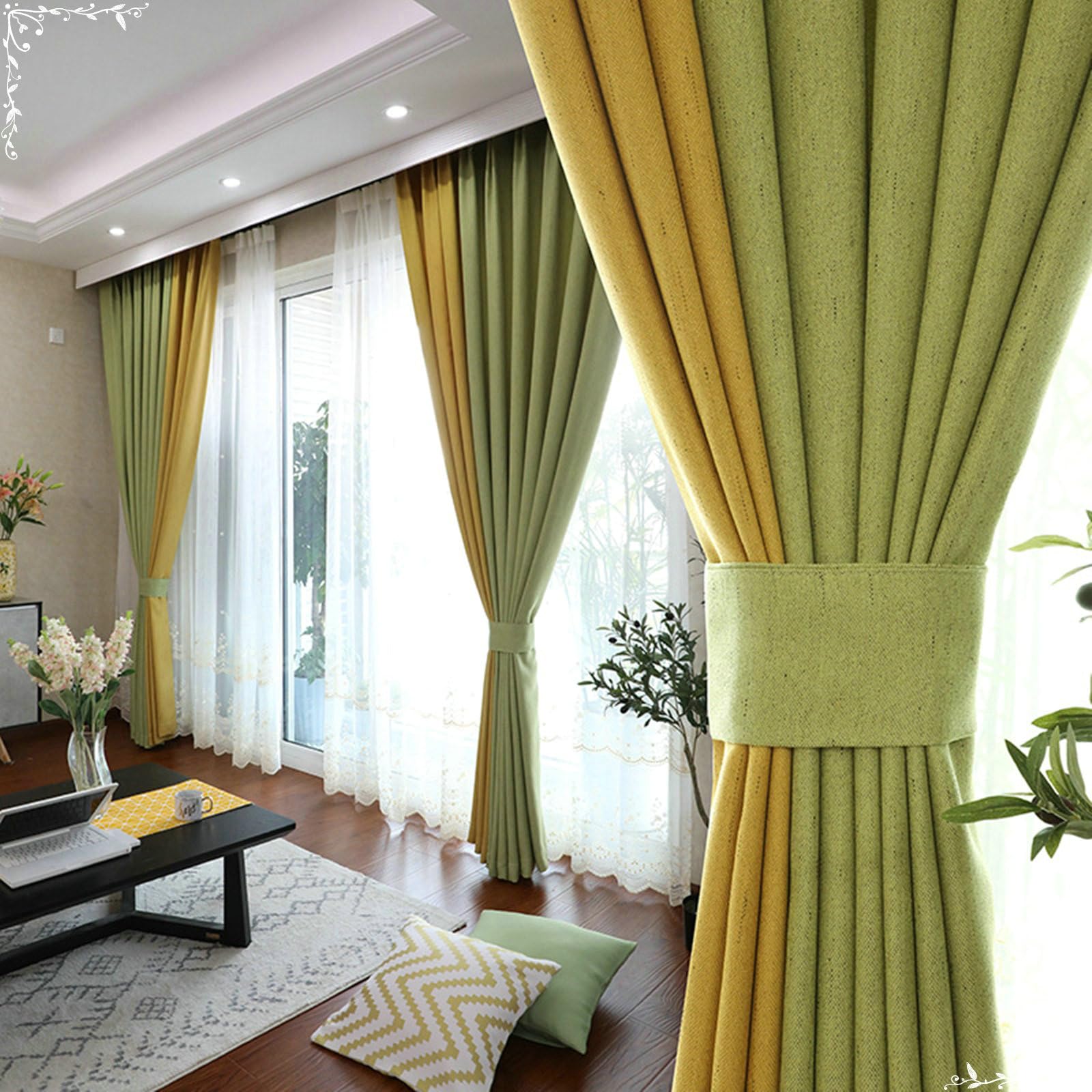 Gualiy Rideaux Salon Moderne Lot de 2, Rideaux Jaune Vert 137x183CM Rideau Salon Occultant Moderne Patchwork de Couleur Unie Rideau pour Salon, Chambre à Coucher