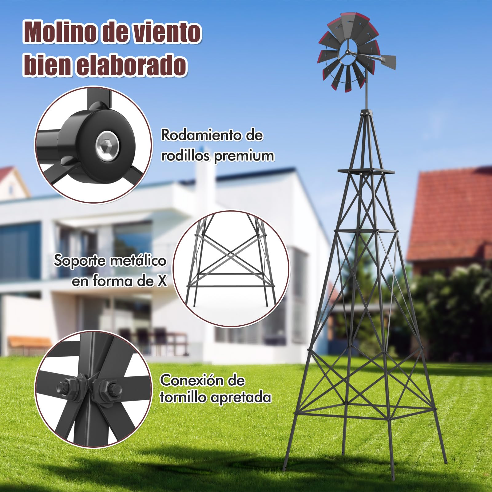 COSTWAY Molino de Viento Jardin de 253cm, Rueda de Viento con Rodamiento de Bolas, Molinillo de Viento de Metal Patio, Jardín, Granja, 4 Estacas Incluidas (Gris)