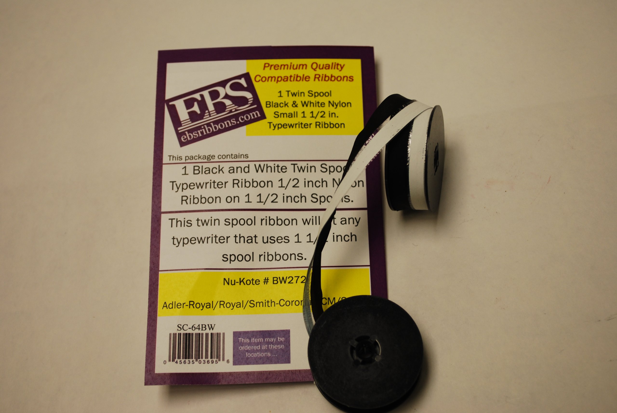 EBS Premium Quality Nylon Black & White 1.5in.Twin Spool Typewriter Ribbon Compatable with Nu-Kote #T42, #T46, and GRC #B29. Fits Adler, Royal, Smith-Corona, SCM & Sears. This twin spool ribbon will fit any typewriter that uses 1 1/2 inch spool ribbons.