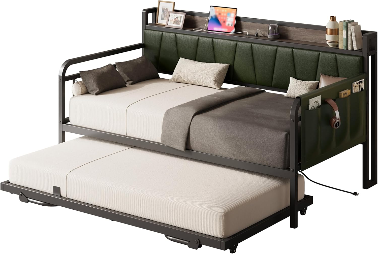 LIKIMIO Twin Daybed, Day Bed with Trundle, Storage Upholstered Headboard and Charging Station, Trundle Bed with Strong Supports for Living Room, Bedroom, and Guest Room, Dark Green