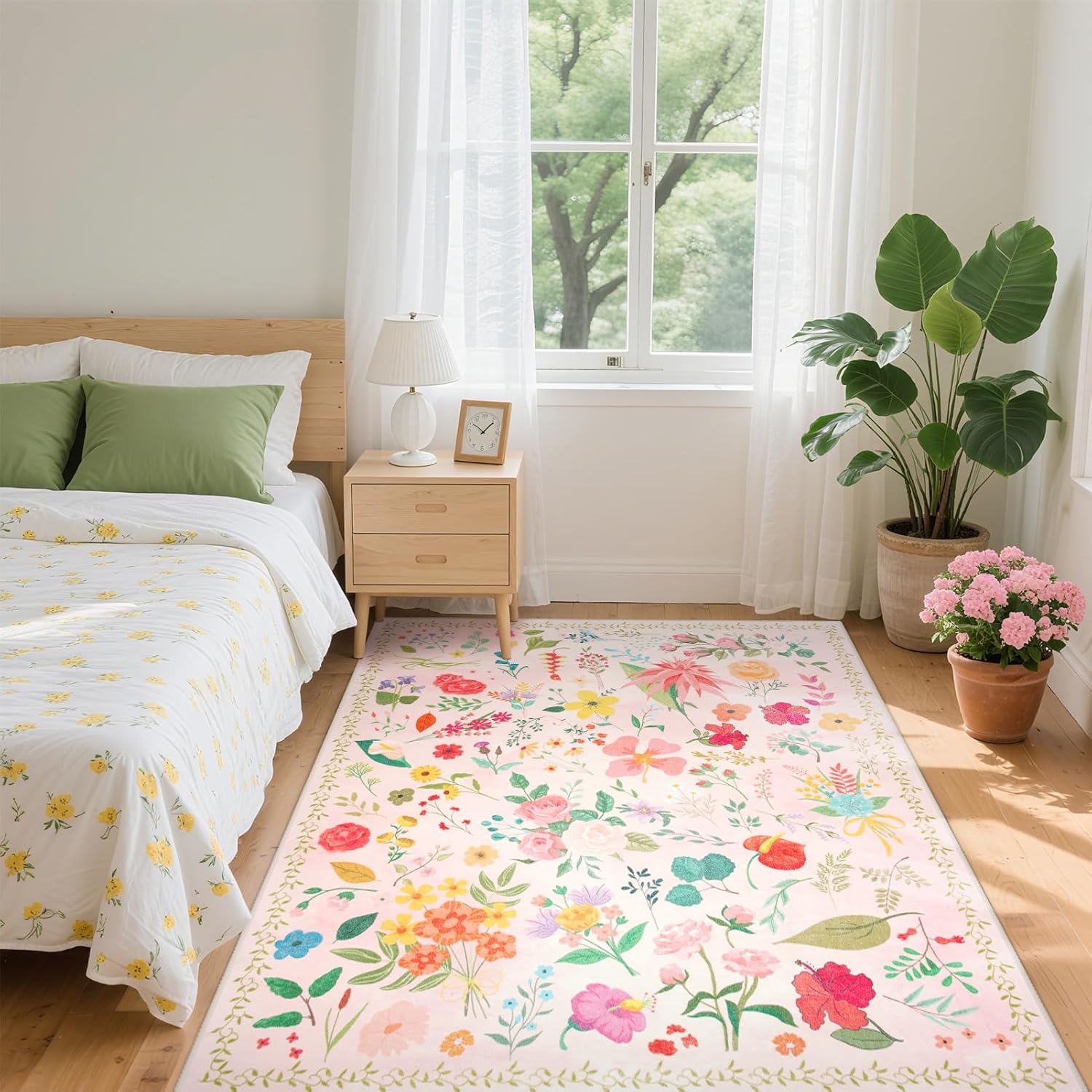 Floral Bedroom Rug 4x6 Area Rug Washable Boho Rugs Non Slip Low Pile Small Carpet Throw Rug for Bedroom, Bedside, Kids Room, Office, Playroom, Entryway, Dining Room
