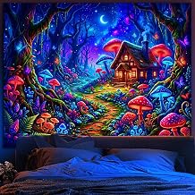 Blacklight Enchanted Forest Mushroom Cottage Tapestry & Mouse Pad, UV Reactive Room Decor