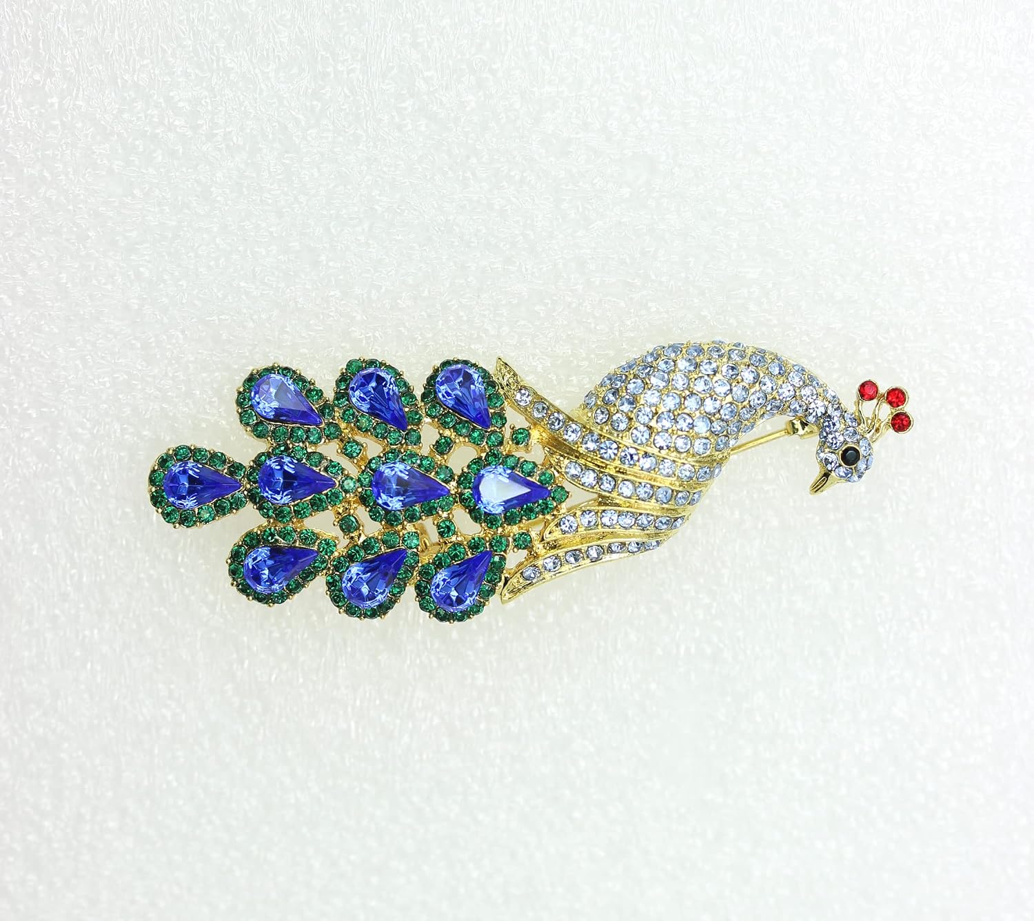 Faship Red Rhinestone Crystal Peacock Pin Brooch