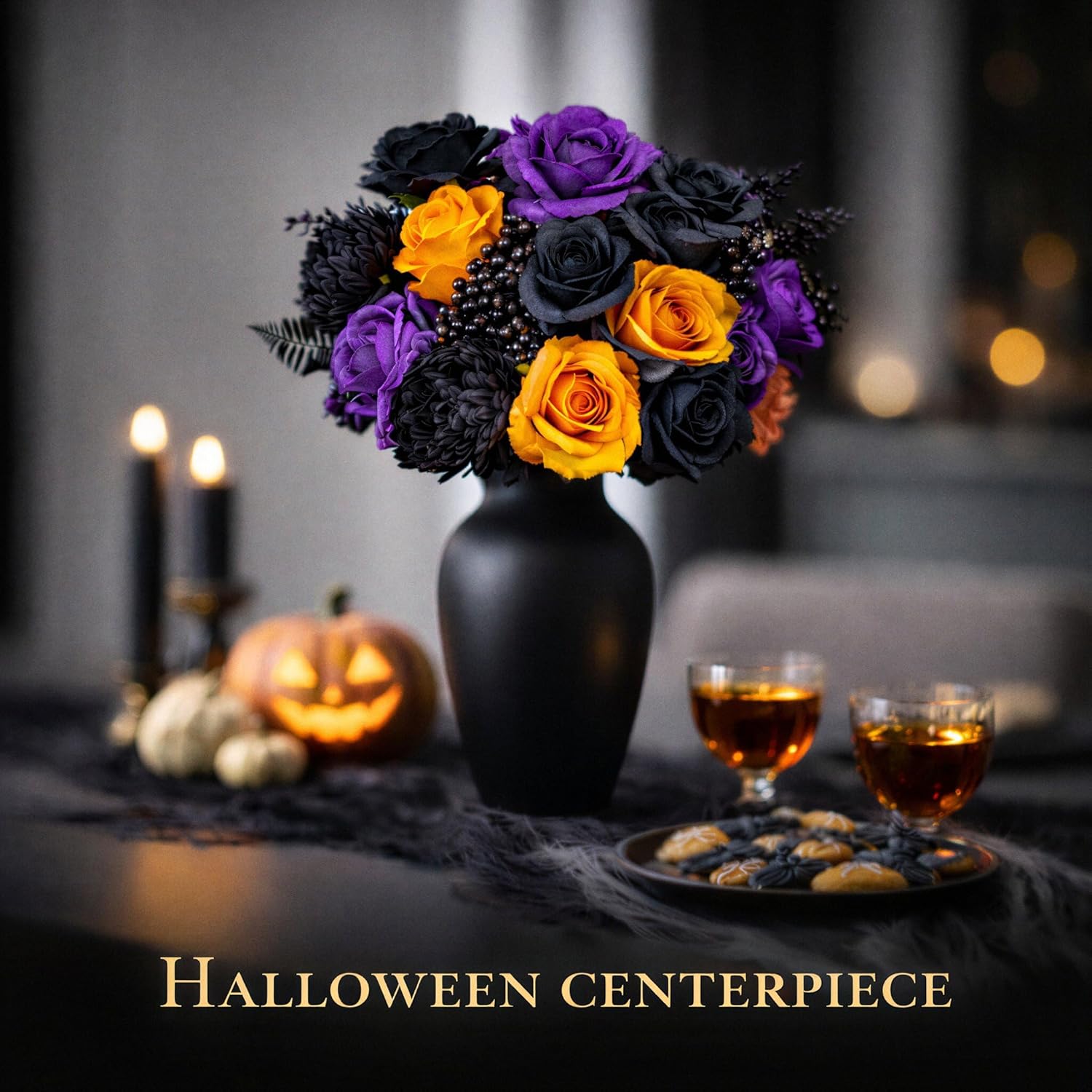 Halloween Gothic Roses Bouquet – Black/Purple/Orange Artificial Silk Flower Arrangement – Goth Home Decor for Vases, Shelves & DIY Dark Floral Table Centerpieces – Spooky Gift for Her