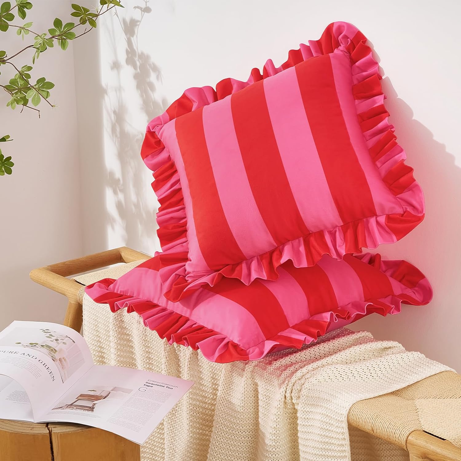 MONDAY MOOSE Decorative Throw Pillow Covers, Set of 2 Water-Resistant Striped Design with Ruffle Edge for Outdoor/Indoor Use, Pillow Inserts Not Included (20x20 inch, Hot Pink/Red)