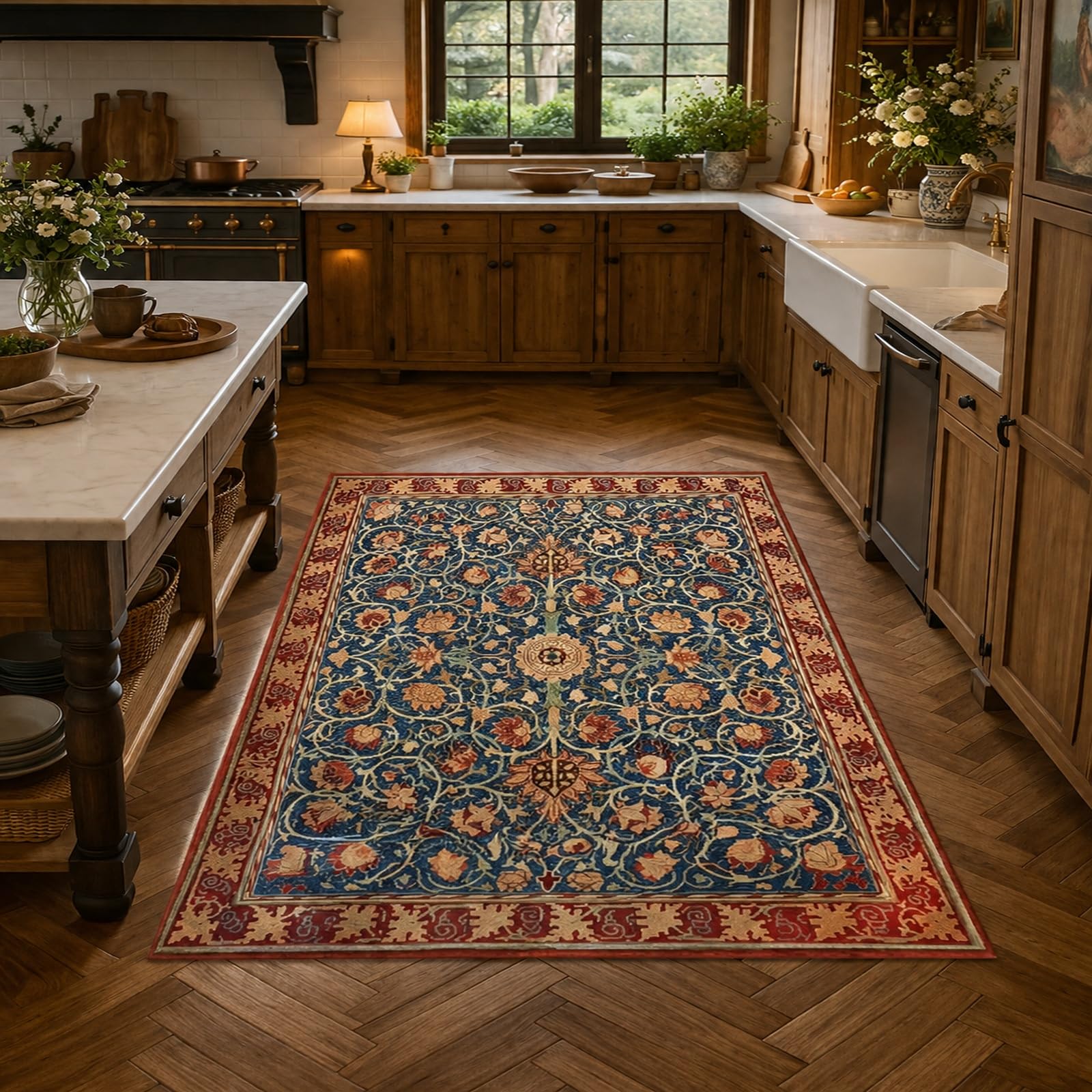 Generisch Teppich Schlafzimmer,Vintage Blau, Rot, Beige, 120 x 160 cm, Teppich Waschbar In Waschmaschine Innen Küche Wohnzimmer MöBel Wohnaccessoires Deko
