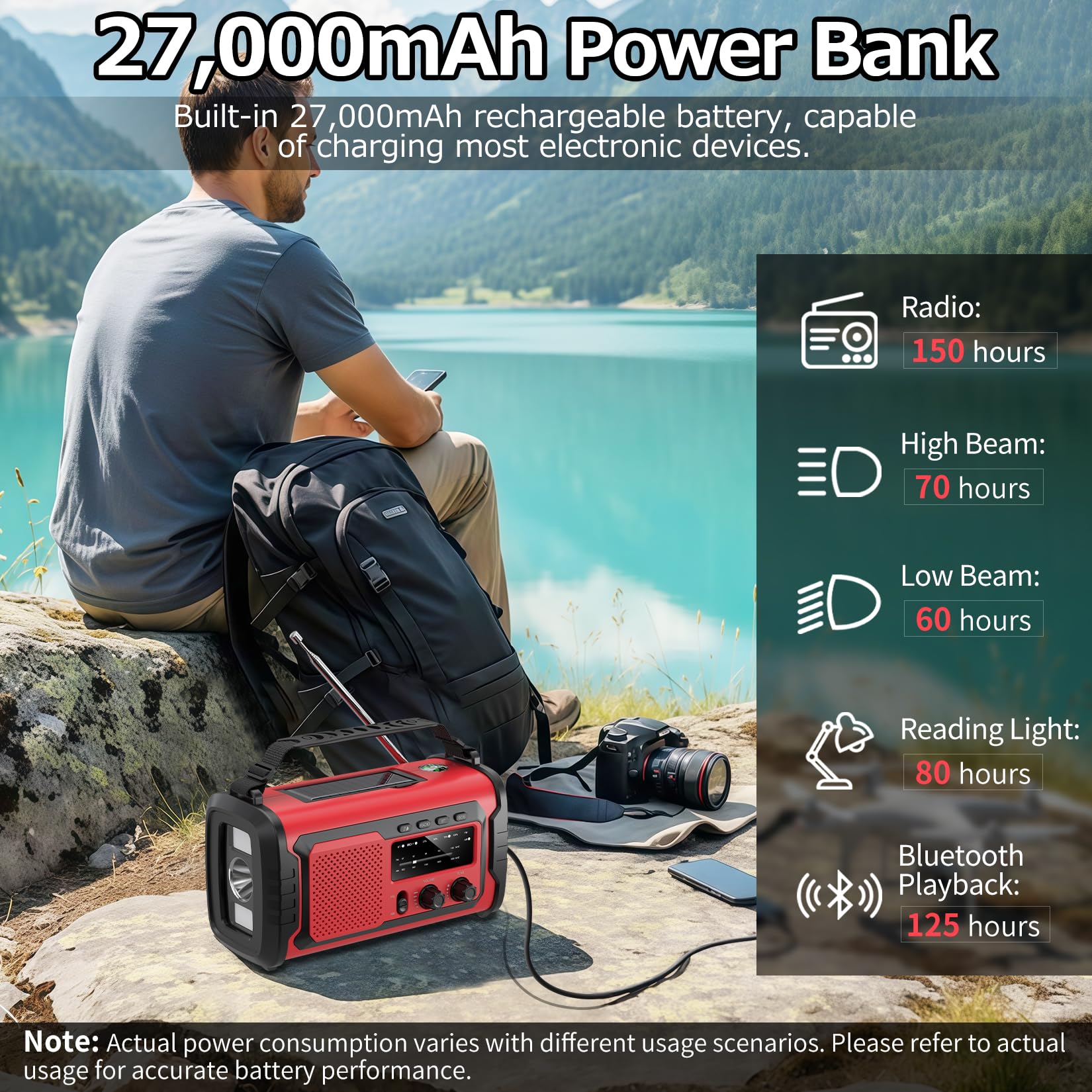 Kurbelradio 27000mAh, Notfallradio Solar Kurbel FM/AM Mit Bluetooth, SOS Alarm Emergency Radio, Kurbel Radio Mit Drahtlosen Lautsprechern und Kopfhöreranschluss (Armeegrün)
