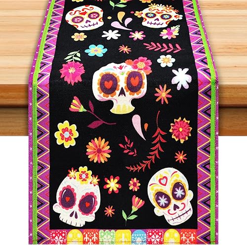Camino de mesa del Día de los Muertos, decoración de 72 x 13 pulgadas, decoración de mesa de carnaval mexicano, diseño de calavera de azúcar,