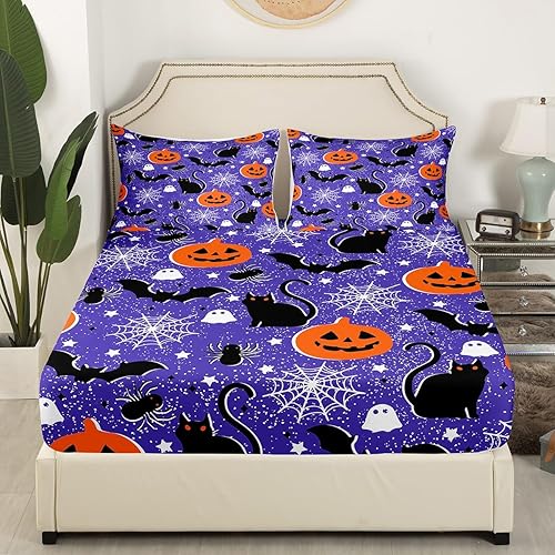 Vista 136 de Juego de sábanas bajeras con bonito diseño de gato negro para niños y niñas, diseño de dibujos animados de Halloween, gato, animales, sábanas