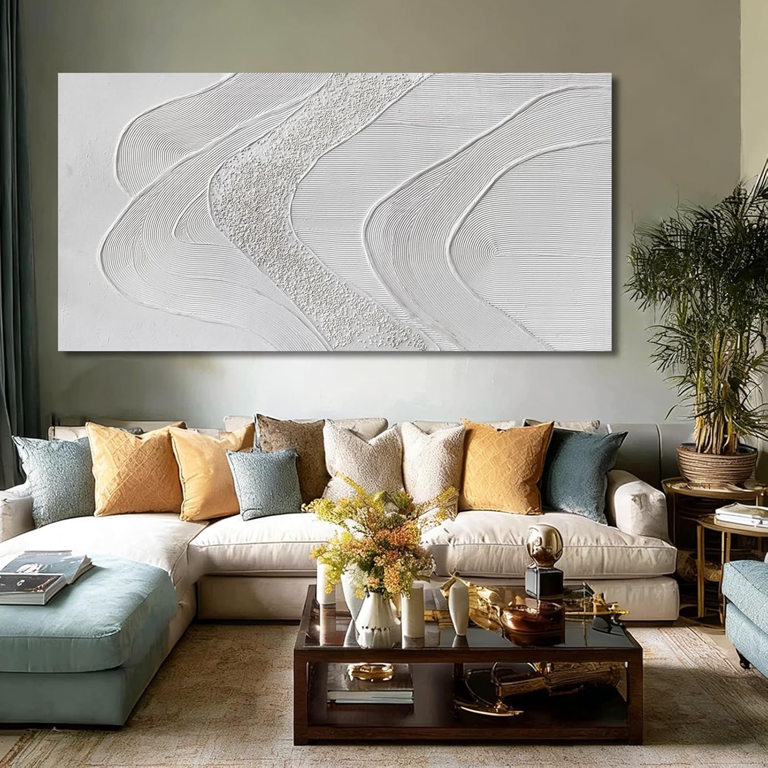 ZUNARE Large Abstract Wall Art, Textured White Canvas Painting in Neutral Cream and Sand Tones, Oversized Modern Statement Wall Decor for Living Room Bedroom Office, Ready to Hang, 29×58 Inch