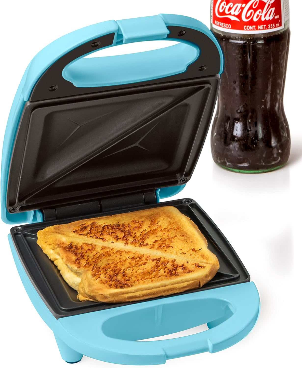 Nostalgia Coca-Cola Sandwich Maker with Beverage Cooler Bag, Non-Stick Panini Press with Lock Feature, Peace and Harmony
